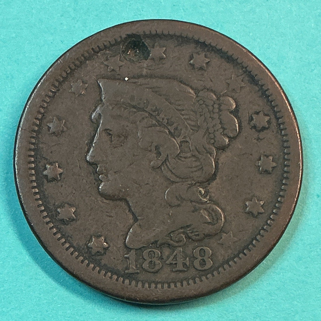 1848 Large Cent, Good with Hole at 12 o'clock, Circulated Coin, Store #CT1284