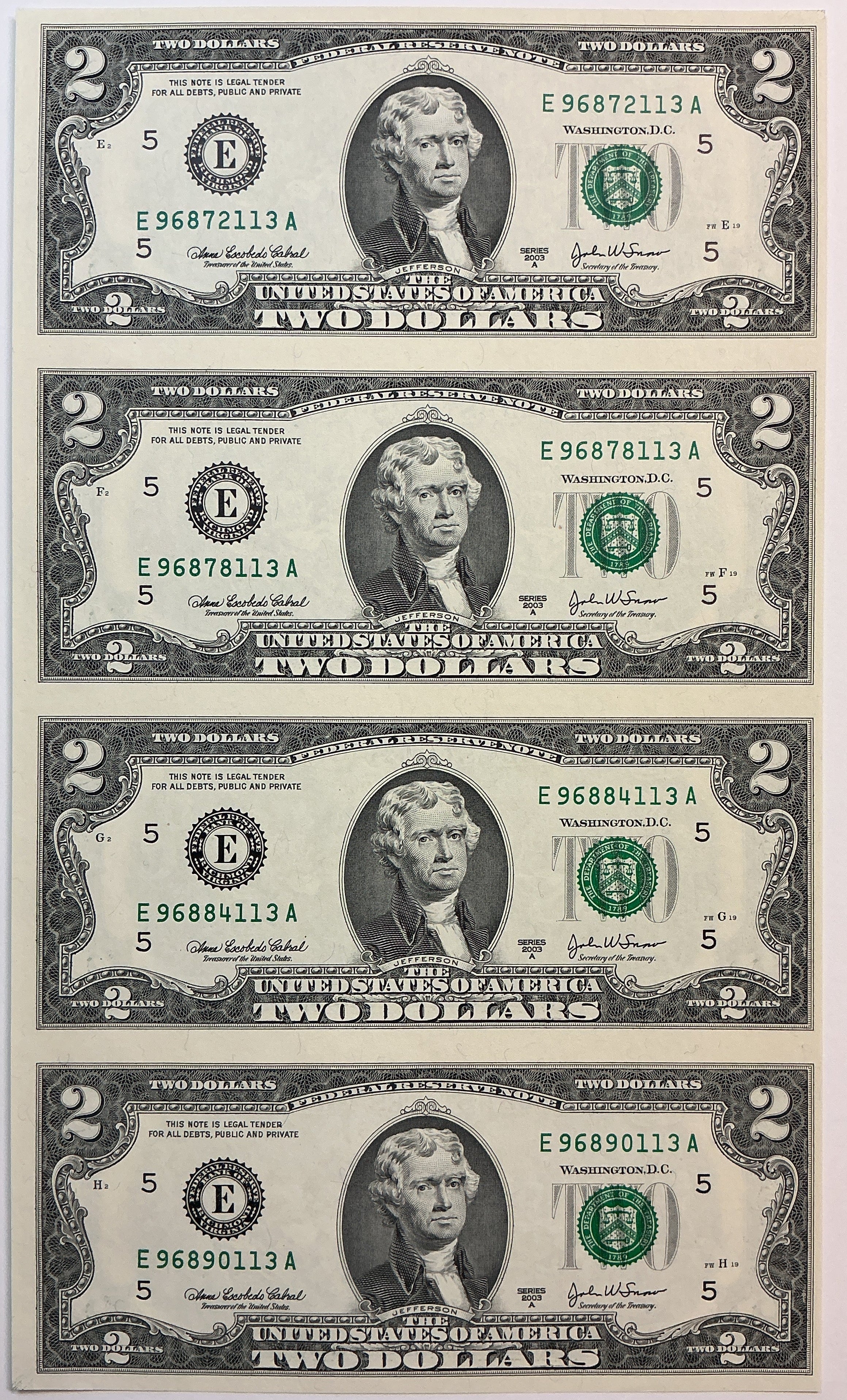 2003-A Series $2 Notes, Sheet of 4 Bills, F.R.N., BEP, Store #FRN044