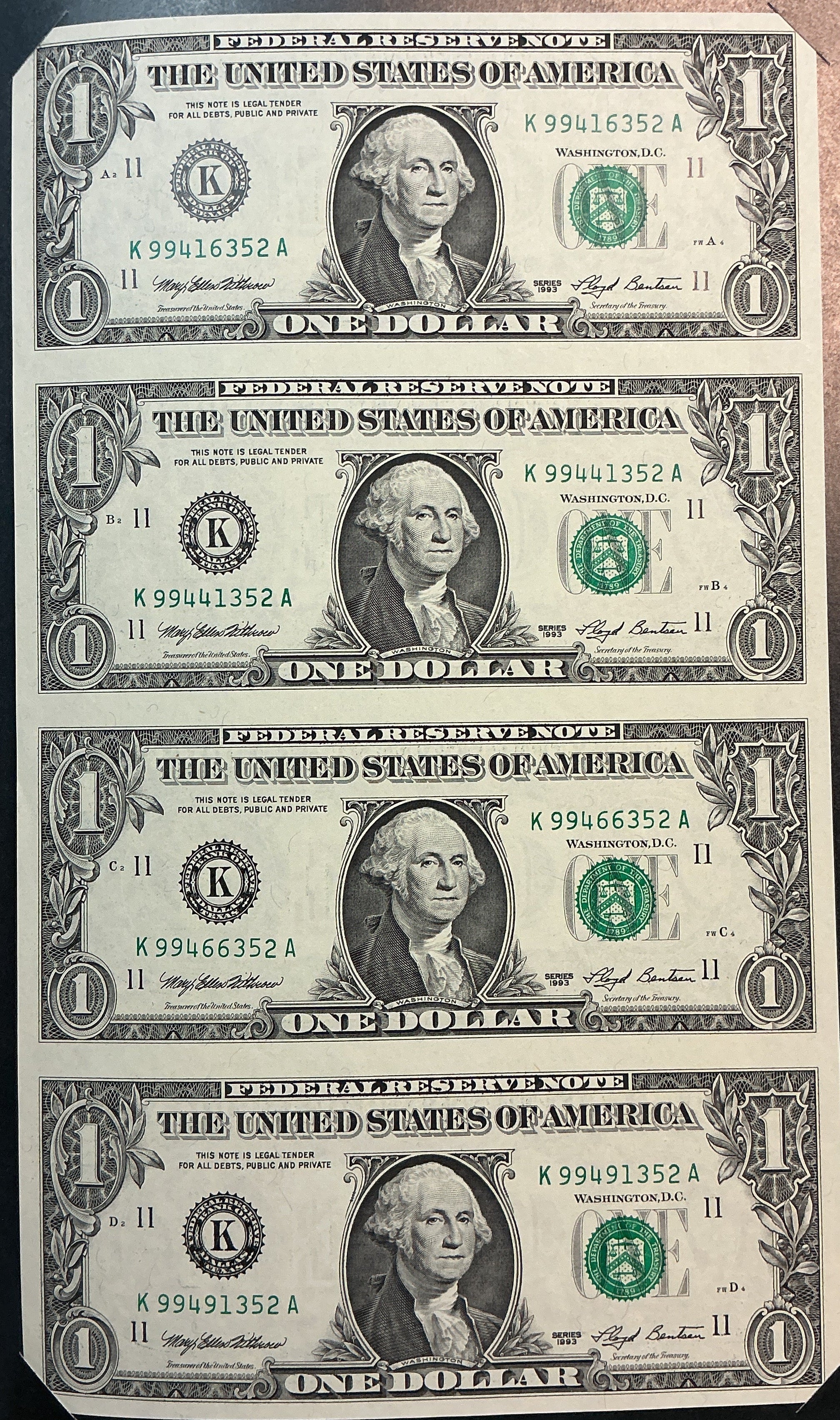1993 Series $1 Notes, Sheet of 4 Bills, F.R.N., BEP, Store #FRN039