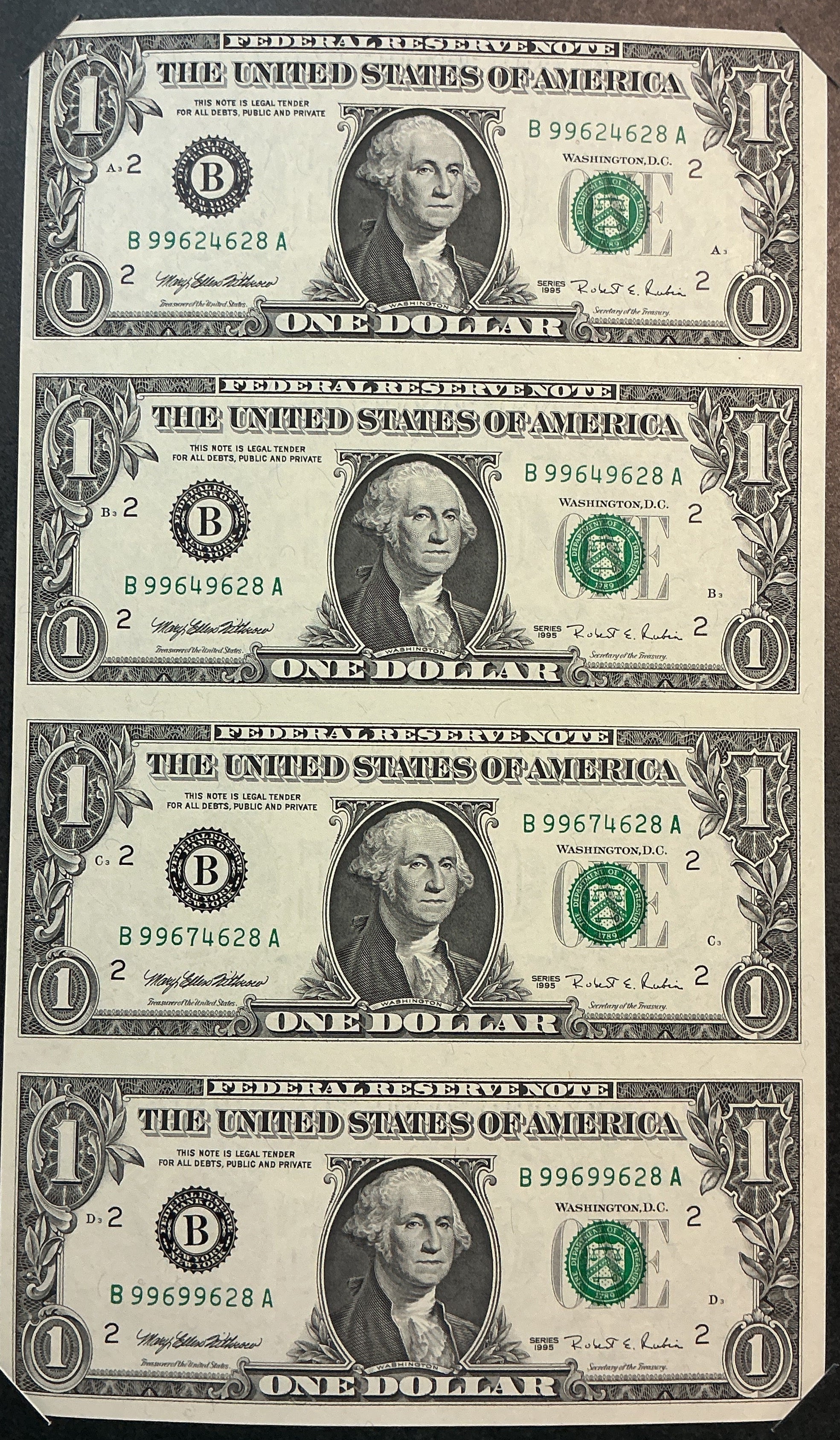 1995 Series $1 Notes, Sheet of 4 Bills, F.R.N., BEP, Store #FRN040