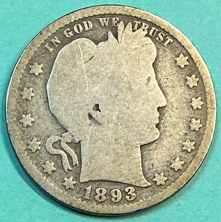 1893-S Barber Quarter., About Good Circulated Details., Store#QR1191
