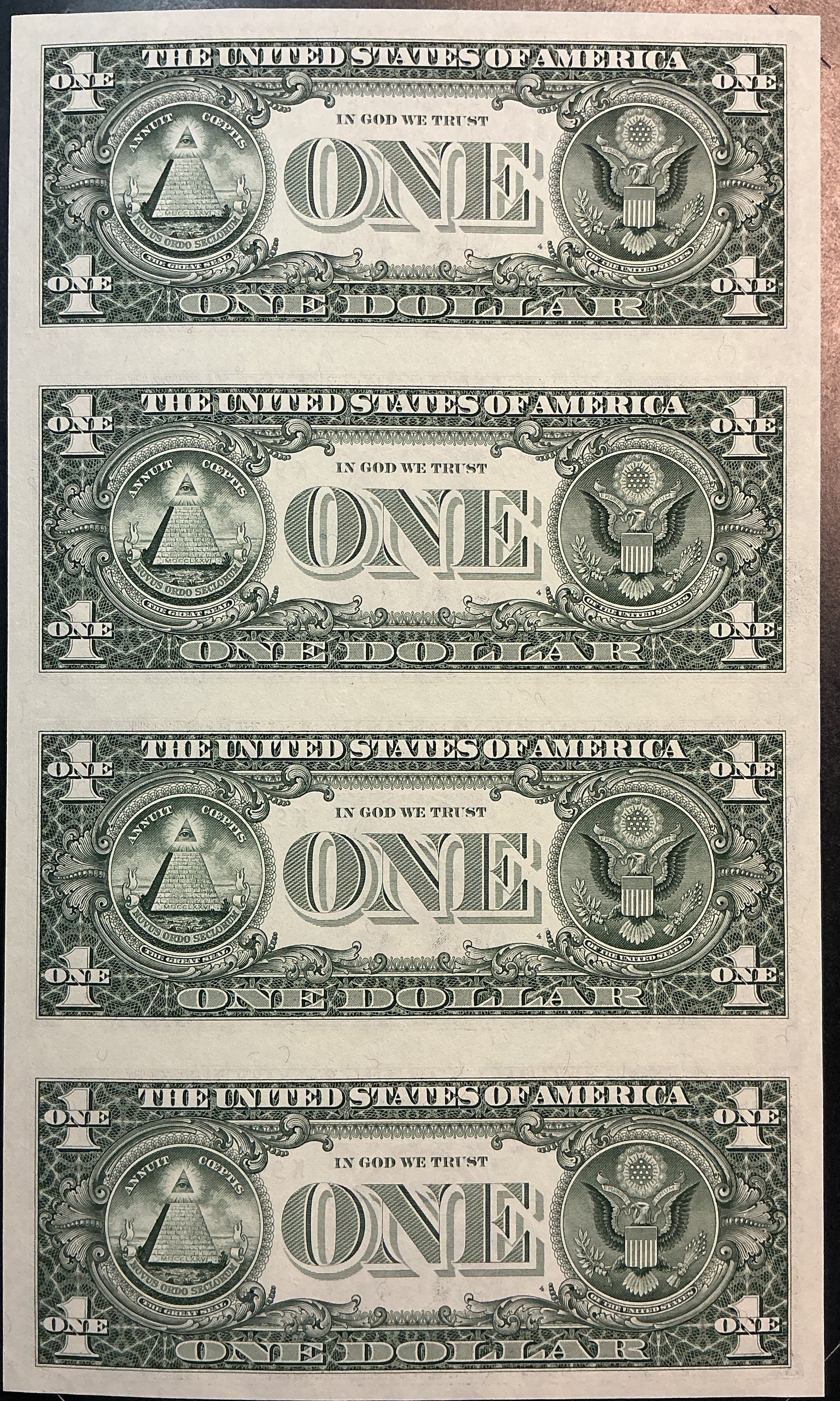 1993 Series $1 Notes, Sheet of 4 Bills, F.R.N., BEP, Store #FRN039