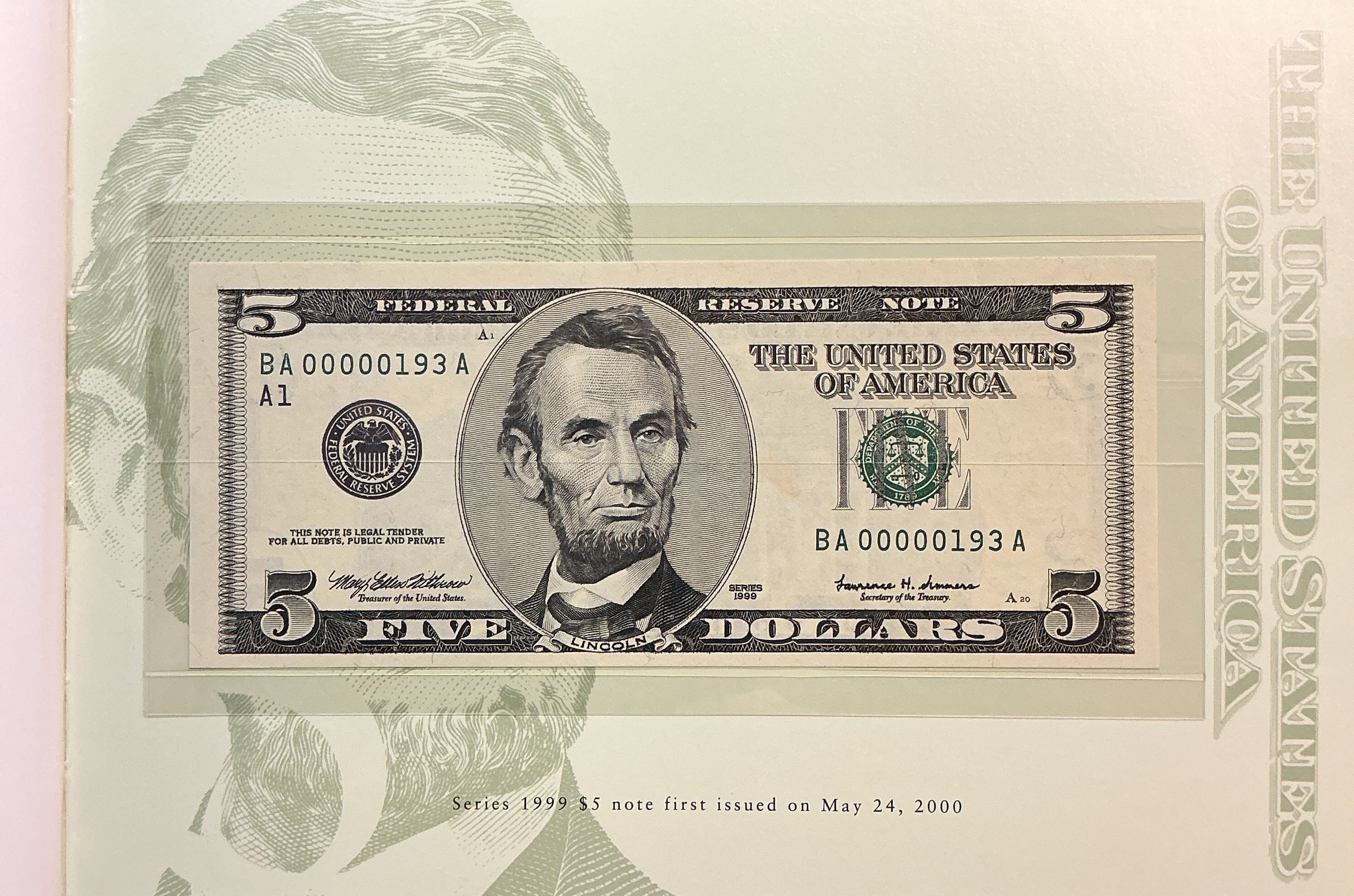 1999 Premium Federal Reserve Set, Serial #193,-$5 Notes, #FRN012