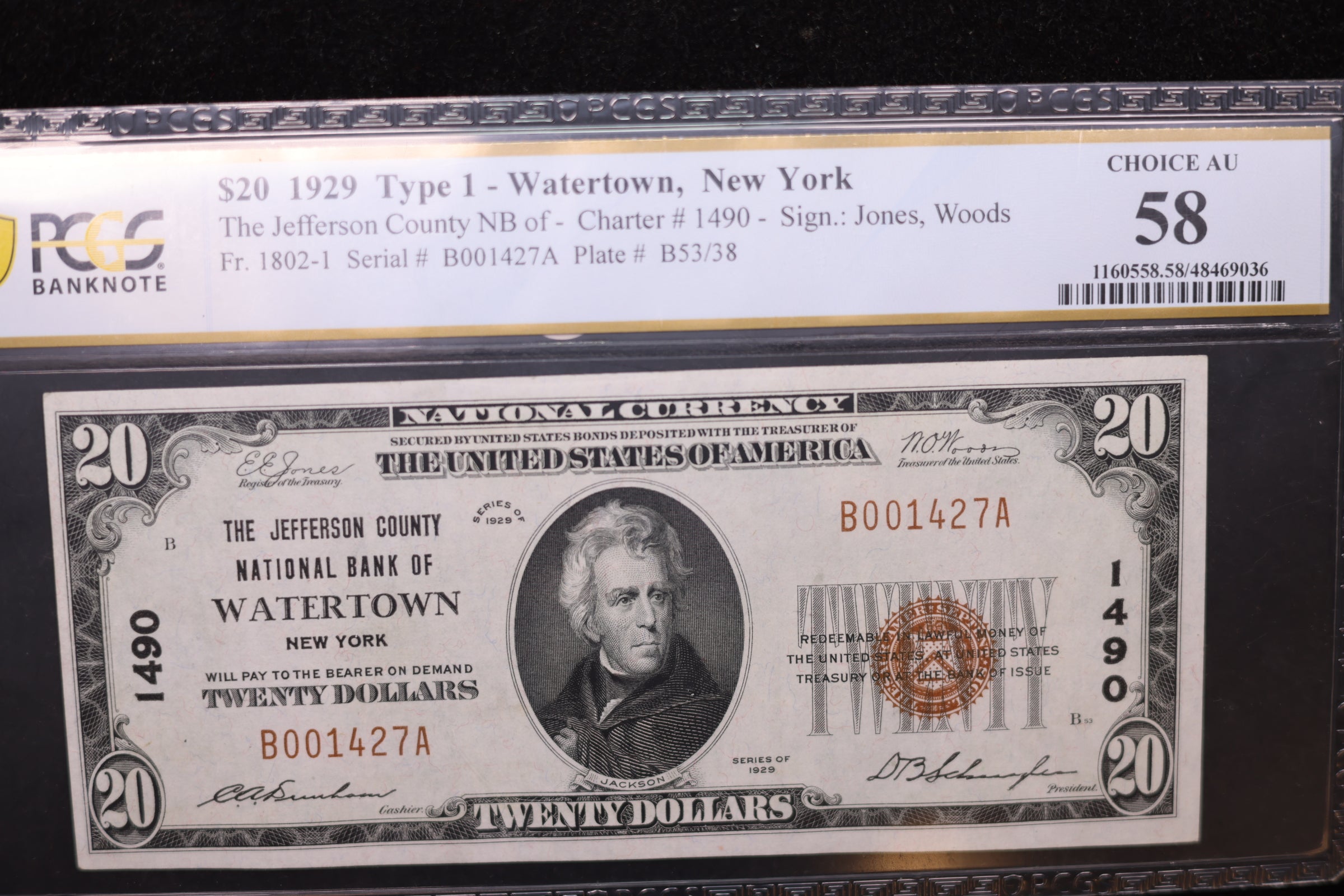 1929 $20, Watertown, N.Y., National Currency Note., PCGS Graded AU-58. Store #SGNB009
