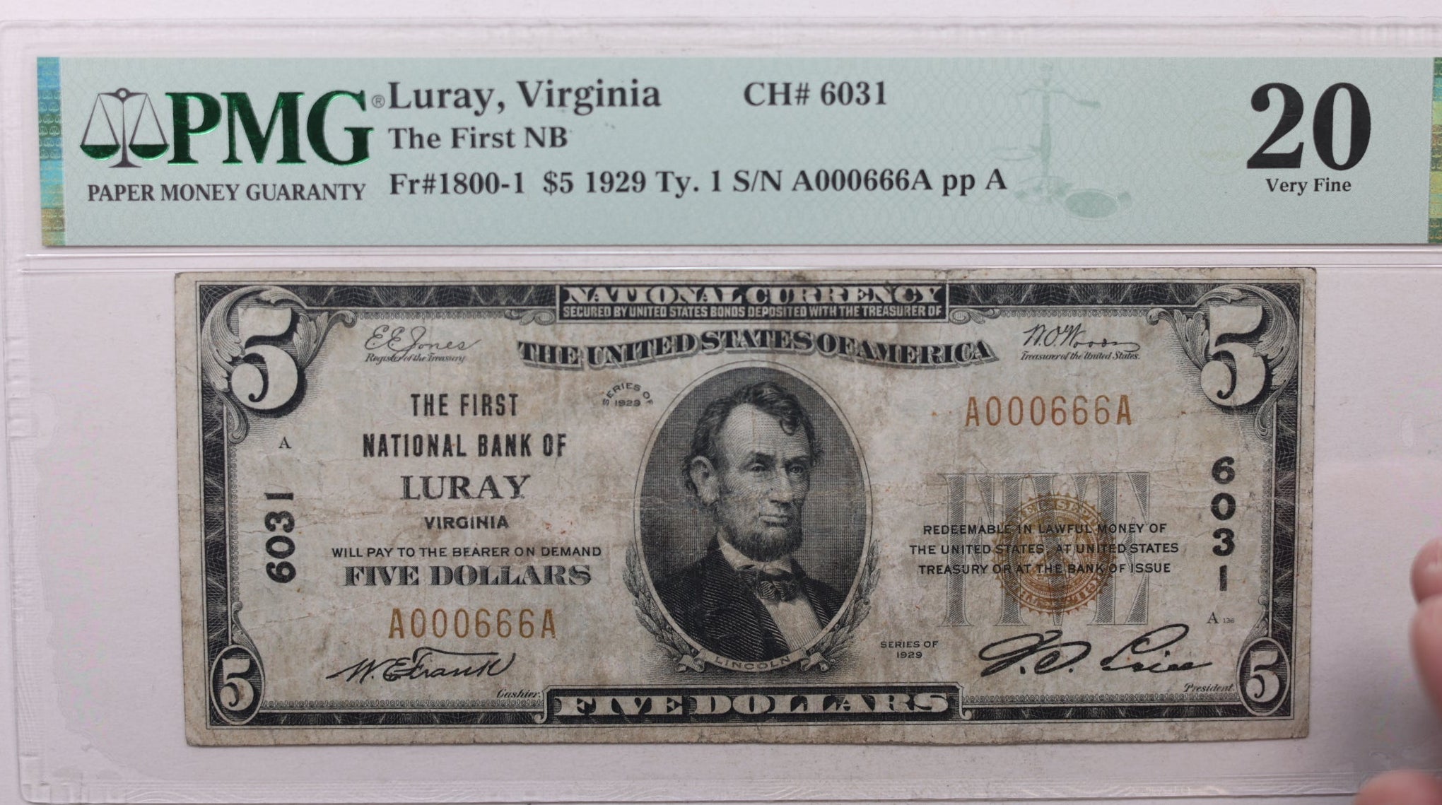 1929 Luray Virginia, National Currency, CH# 6031, PMG VF-20, Store #NBN027.