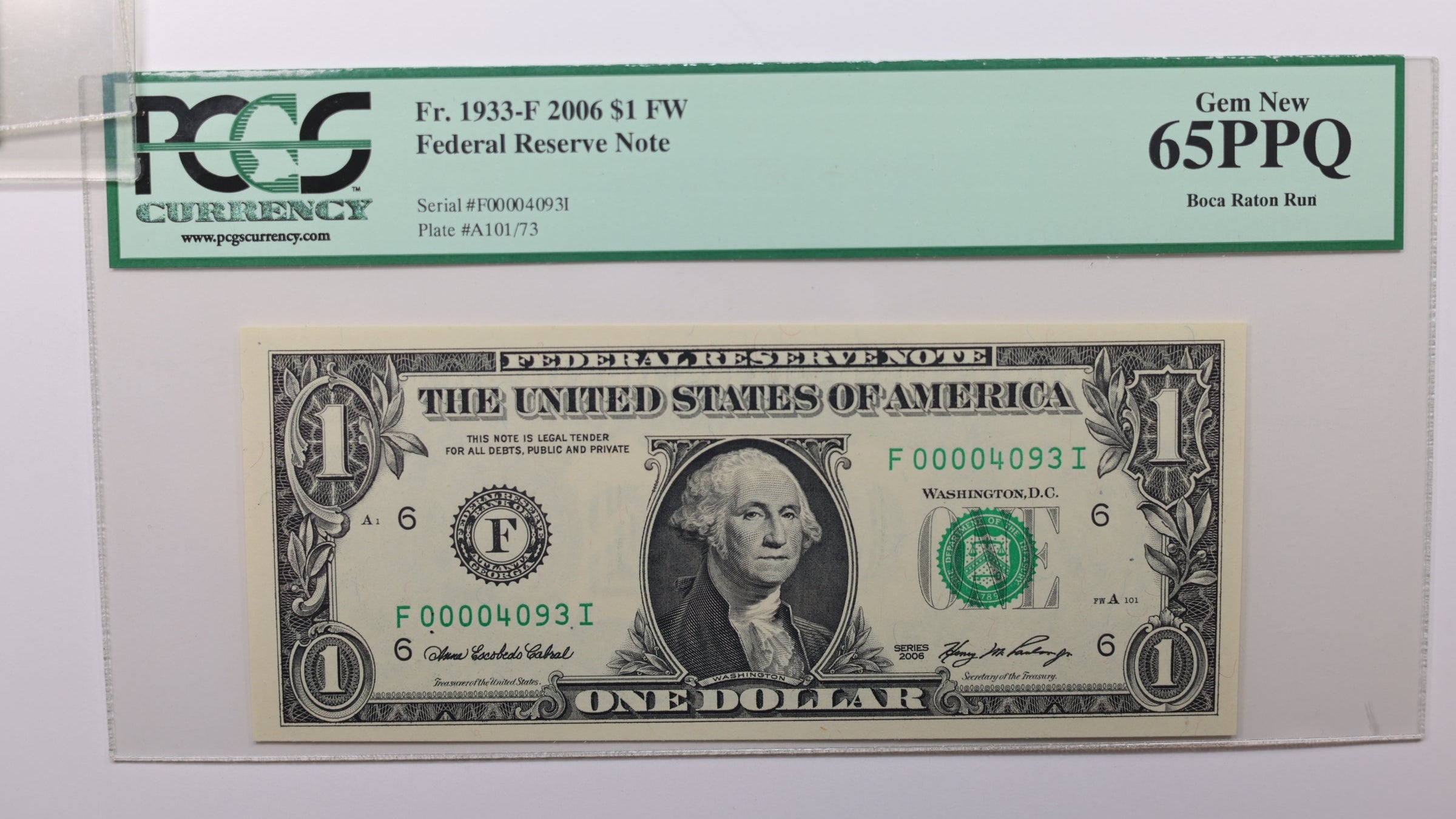 2006 $1 Federal Reserve Note, Low Serial Number, PCGS CU-65, PPQ, Store #GFRB101.