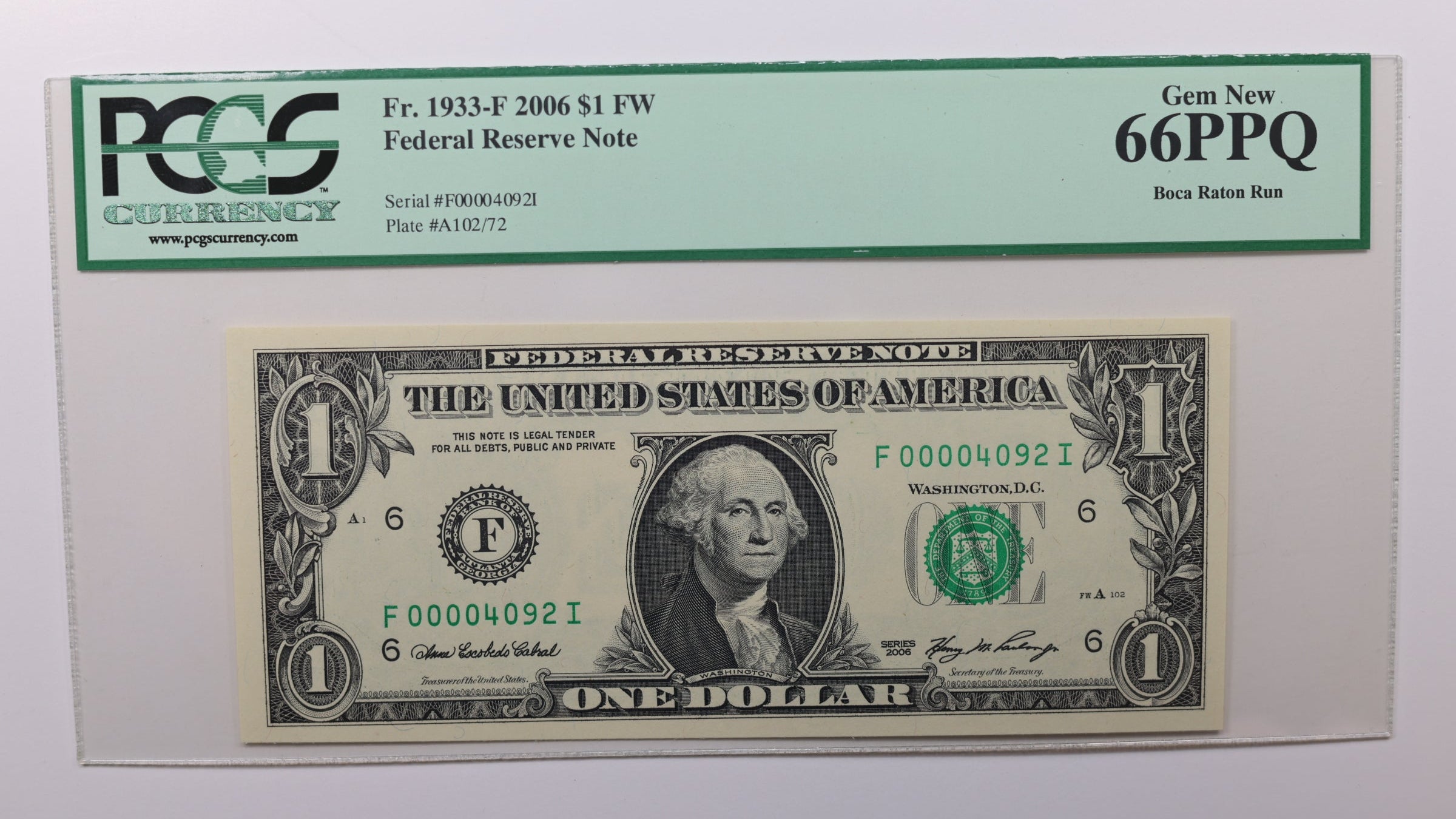 2006 $1 Federal Reserve Note, Low Serial Number, PCGS CU-65, PPQ, Store #GFRB102.