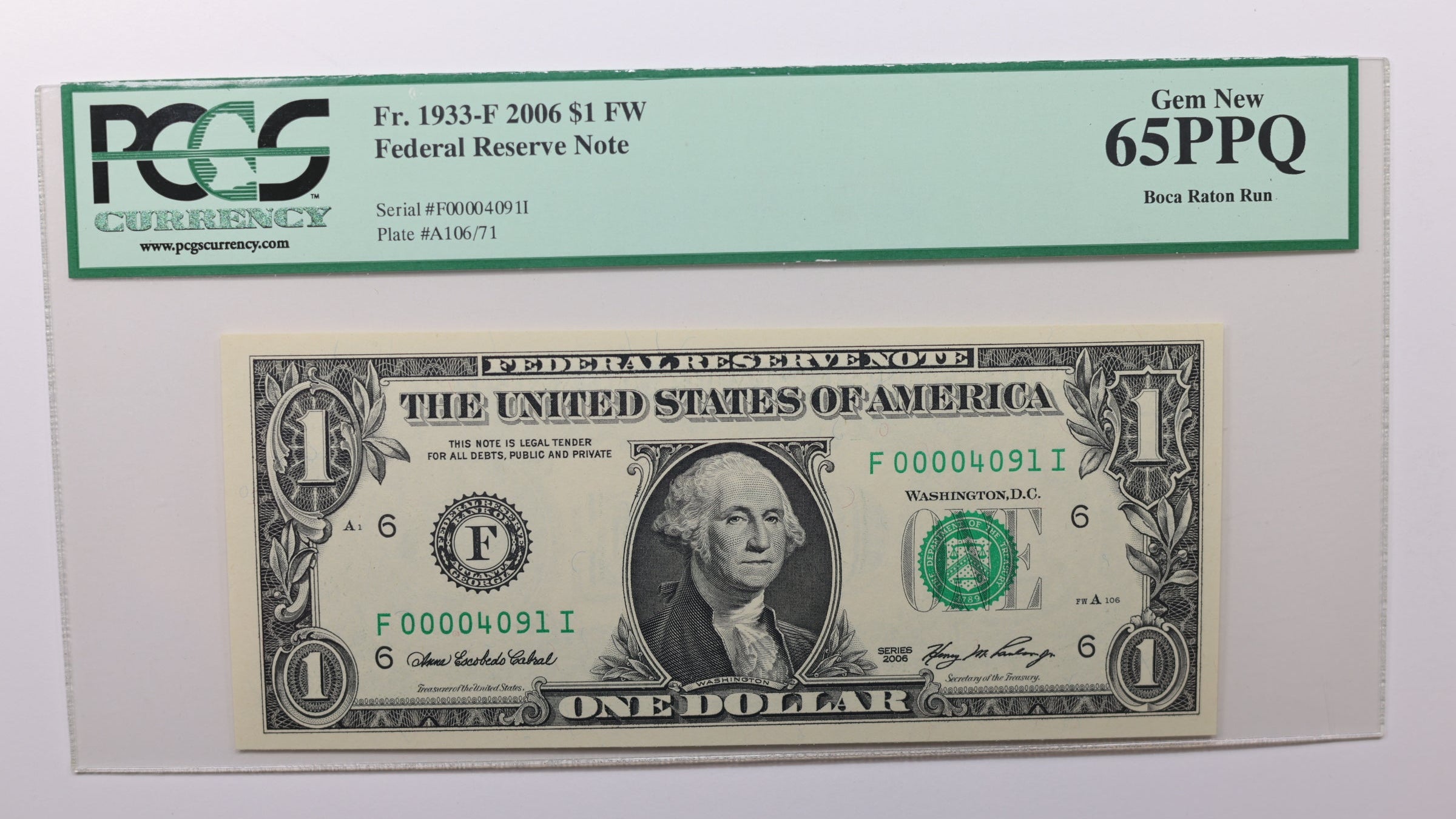 2006 $1 Federal Reserve Note, Low Serial Number, PCGS CU-65, PPQ, Store #GFRB103.