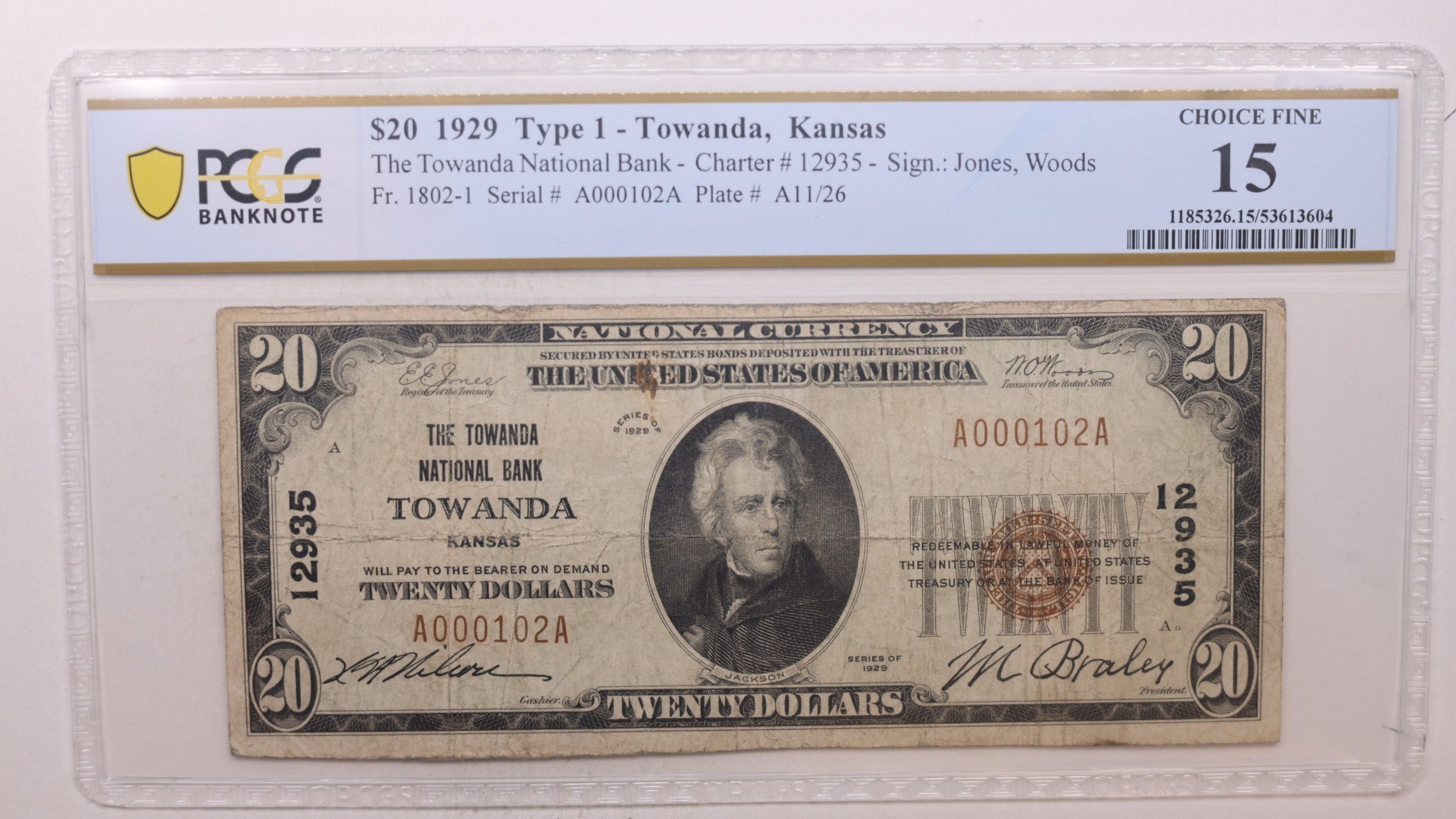 1929 $20, Towanda, KS, CH# 12935, National Bank Note, PCGS Fine-15, Store #NBN029.