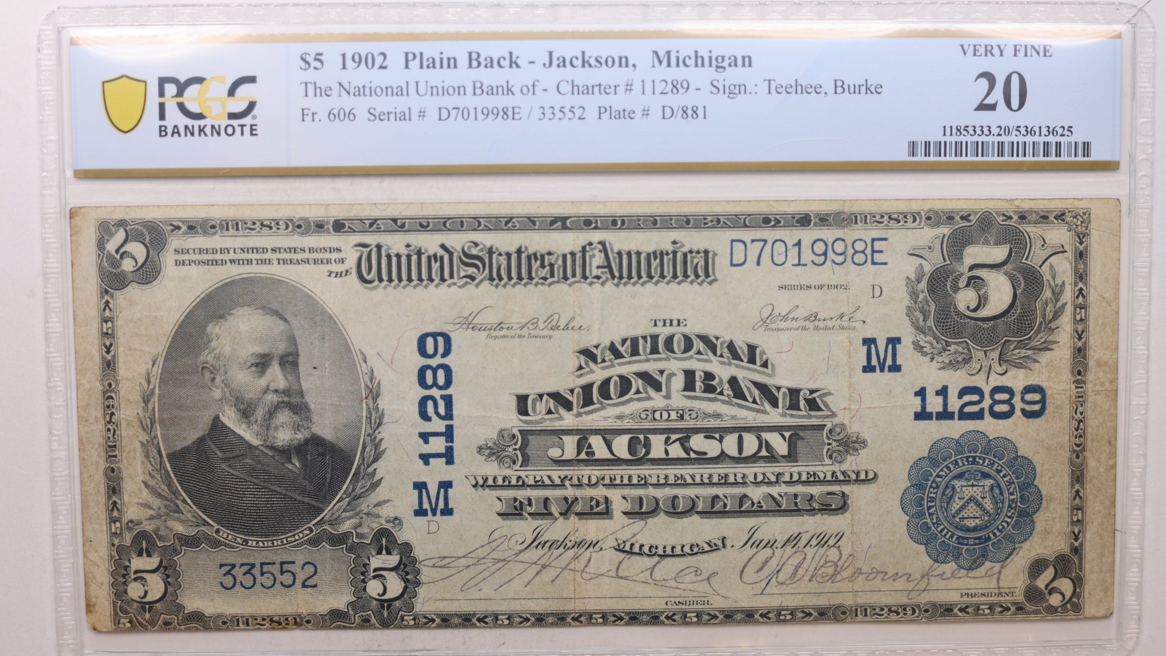 1902 $5, Jackson, MI, CH# 11289, National Bank Note, PCGS VF-20, Store #NBN030.