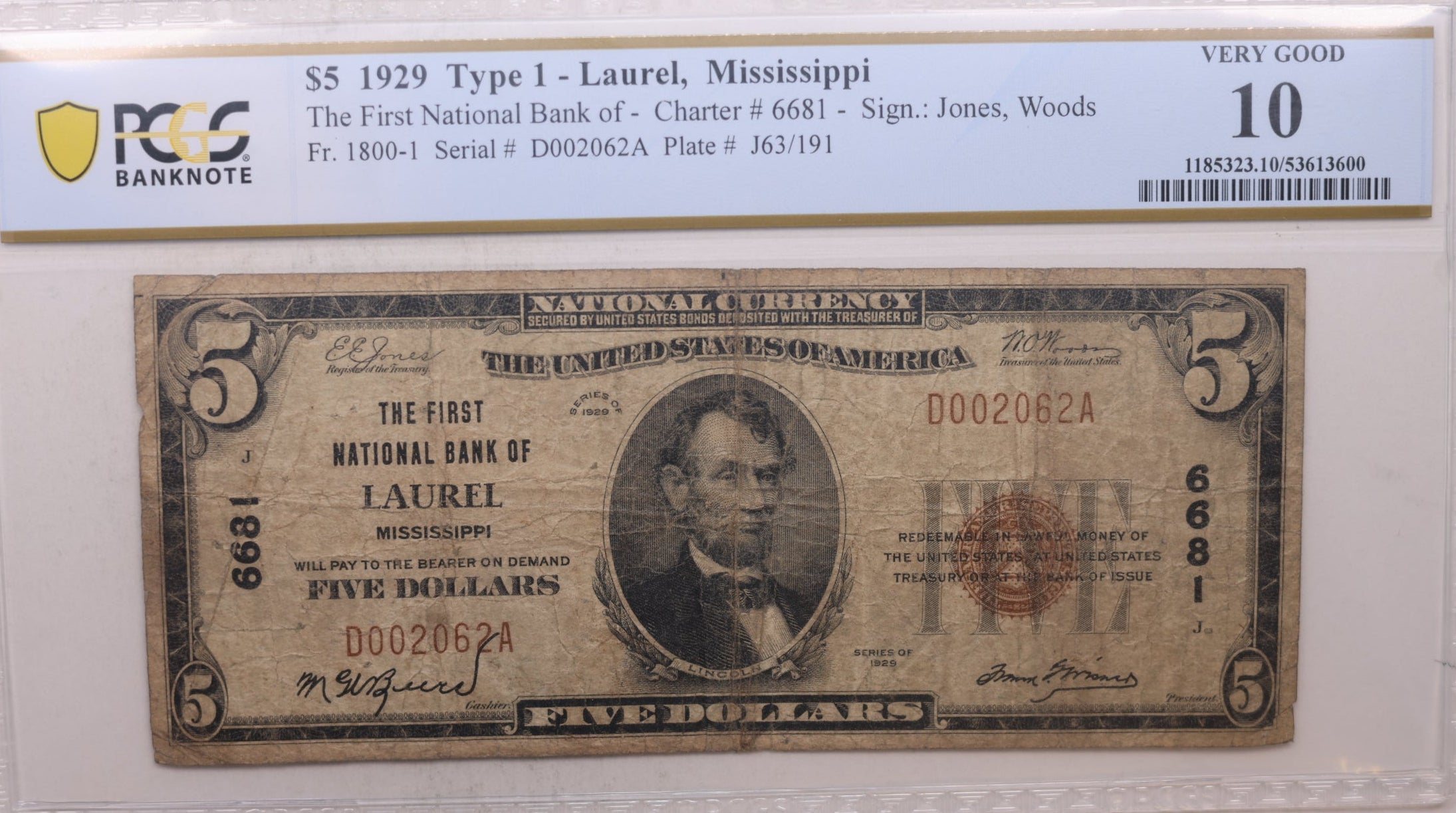 1929 $5, Laurel, MS, CH# 6681, National Bank Note, PCGS VG-10, Store #NBN031.