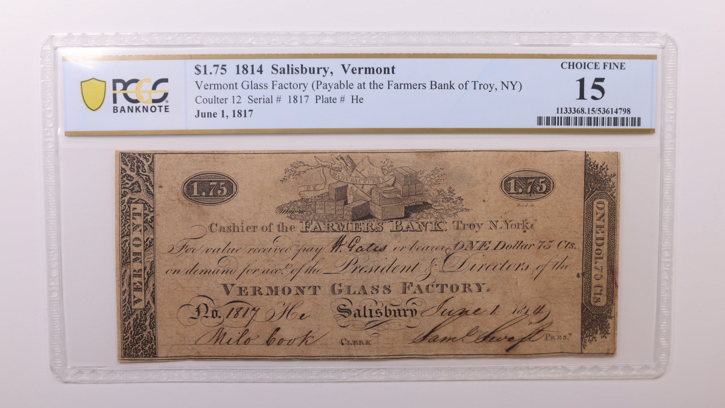 1814 $1.75, Salisbury, Vermont, Obsolete Currency, PCGS Fine-15, Store #GVT005.
