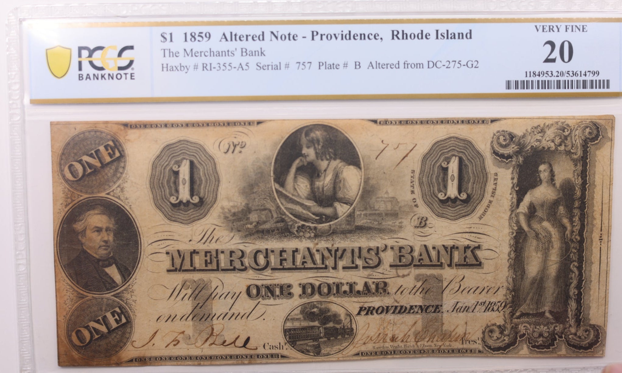 1859 $1, Providence, Rhode Island, Altered Obsolete, PCGS VF20, Store #GRI010.