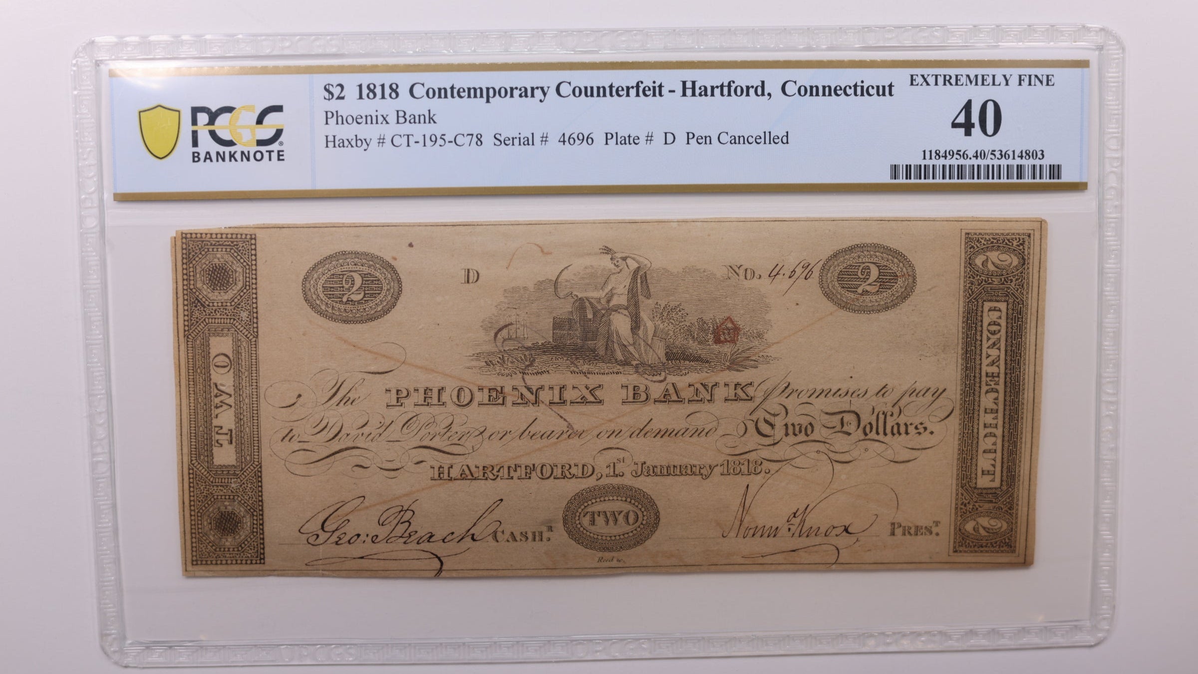 1818 $2, Hartford, Connecticut, Obsolete Currency, PCGS XF-40, Store #GCON003.