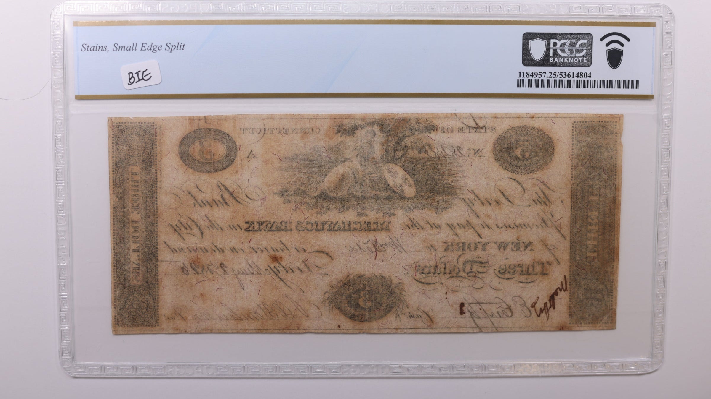 1825 $3, Derby Connecticut, Demand Note, Obsolete, PCGS VF25, Store #GCON004.