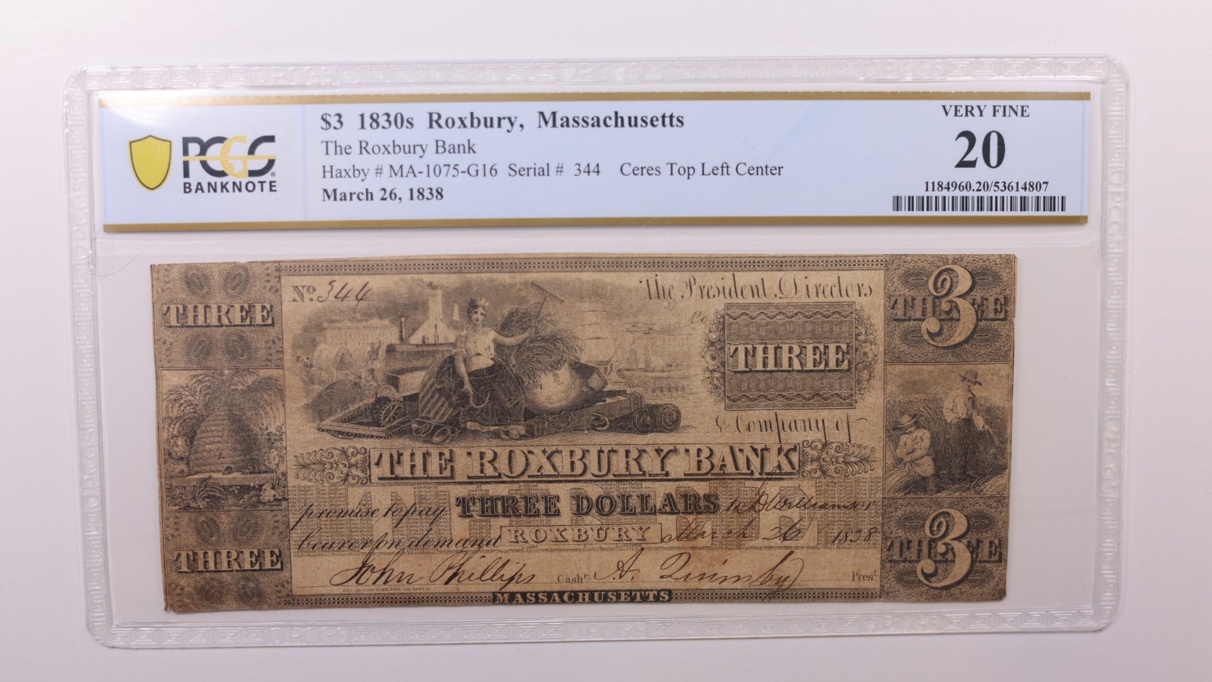 1838 $3, Roxbury, Massachusetts. Obsolete Currency, PCGS VF20, Store #GMA017.
