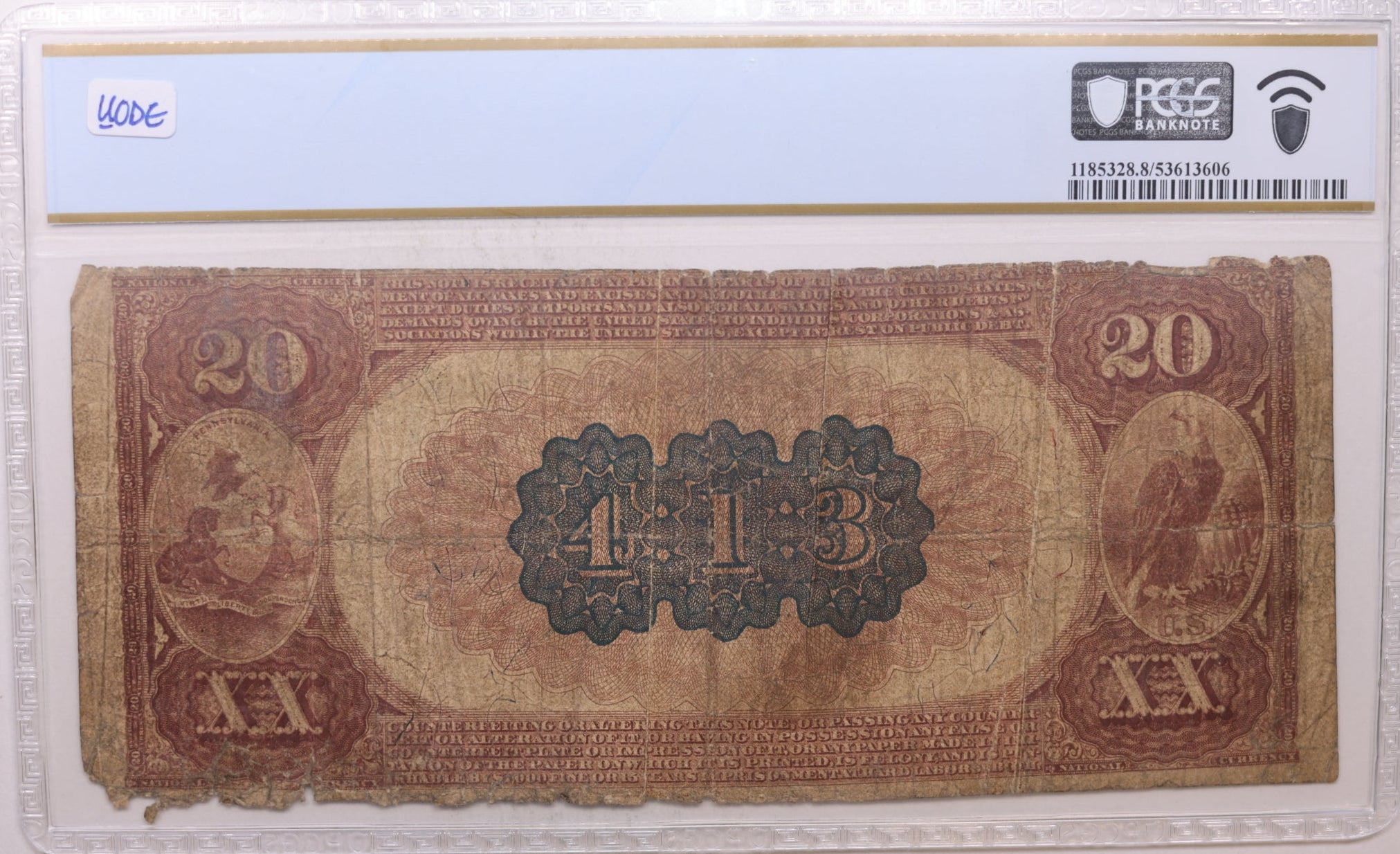 1882 $20, Philadelphia, PA, CH# 413, National Bank Note, PCGS VG-8, Store #NBN041.