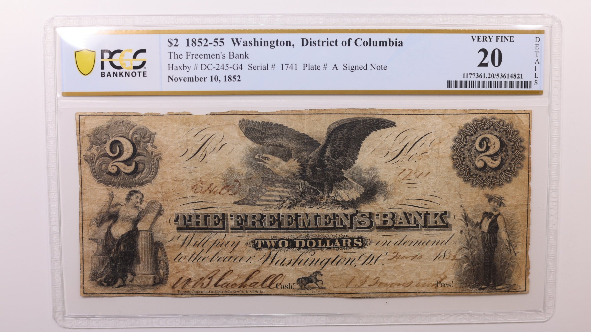 1852 $2 Washington D.C. Obsolete Currency, PCGS VF20, STORE #GDC044.