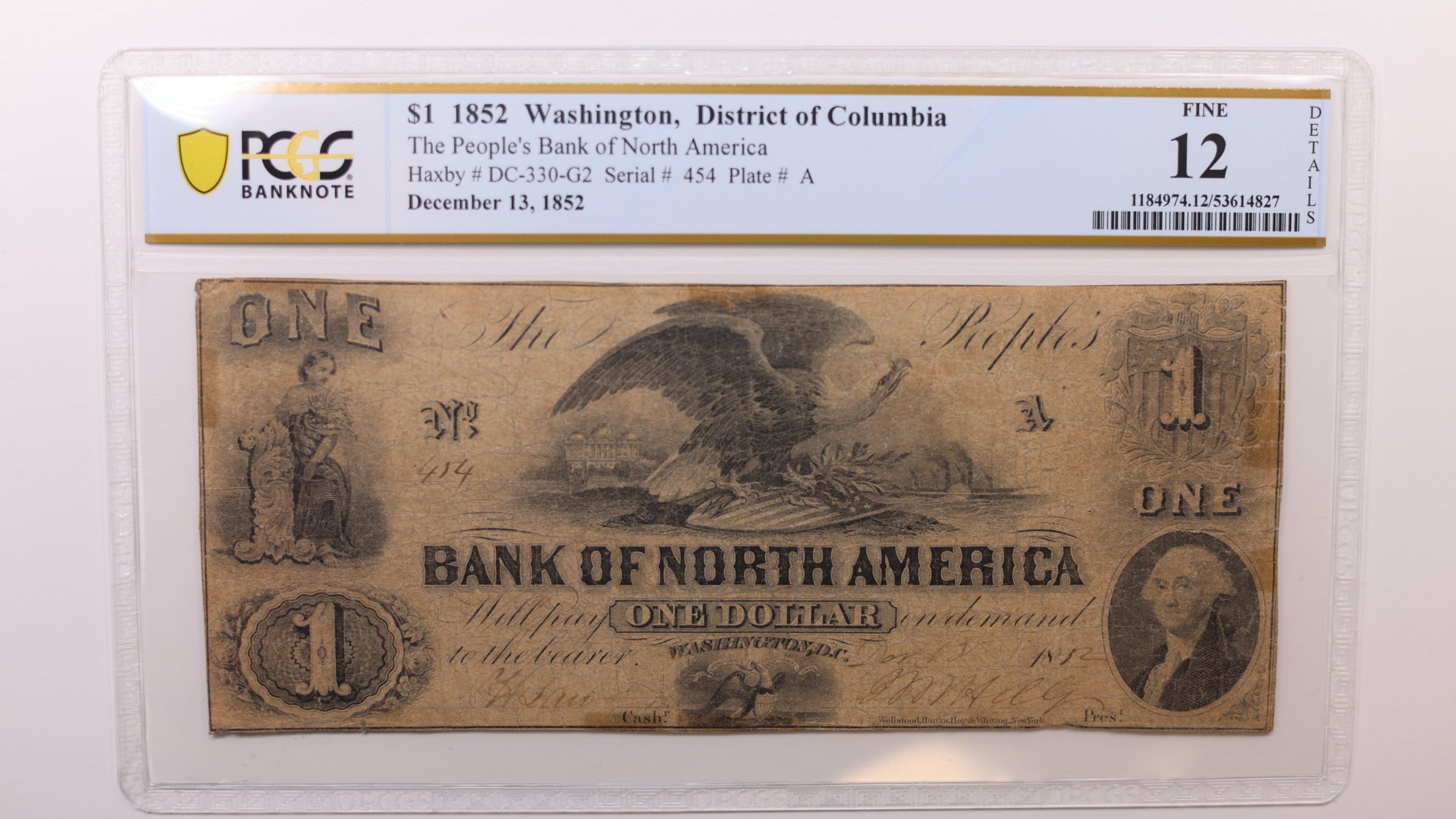 1852 $1 Washington D.C. Obsolete Currency, PCGS Fine-12, STORE #GDC050.