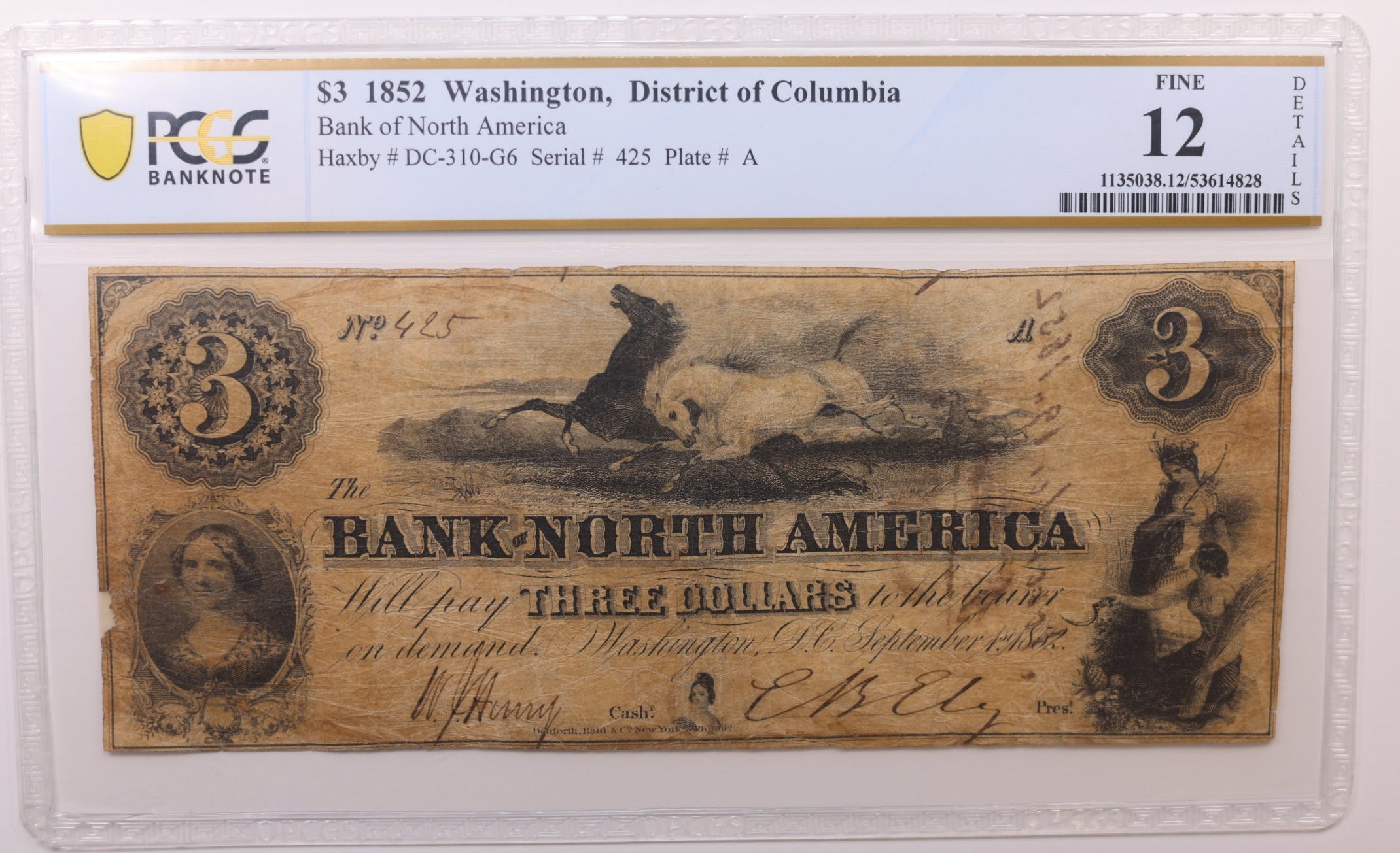 1852 $3 Washington D.C. Obsolete Currency, PCGS Fine-12, STORE #GDC051.