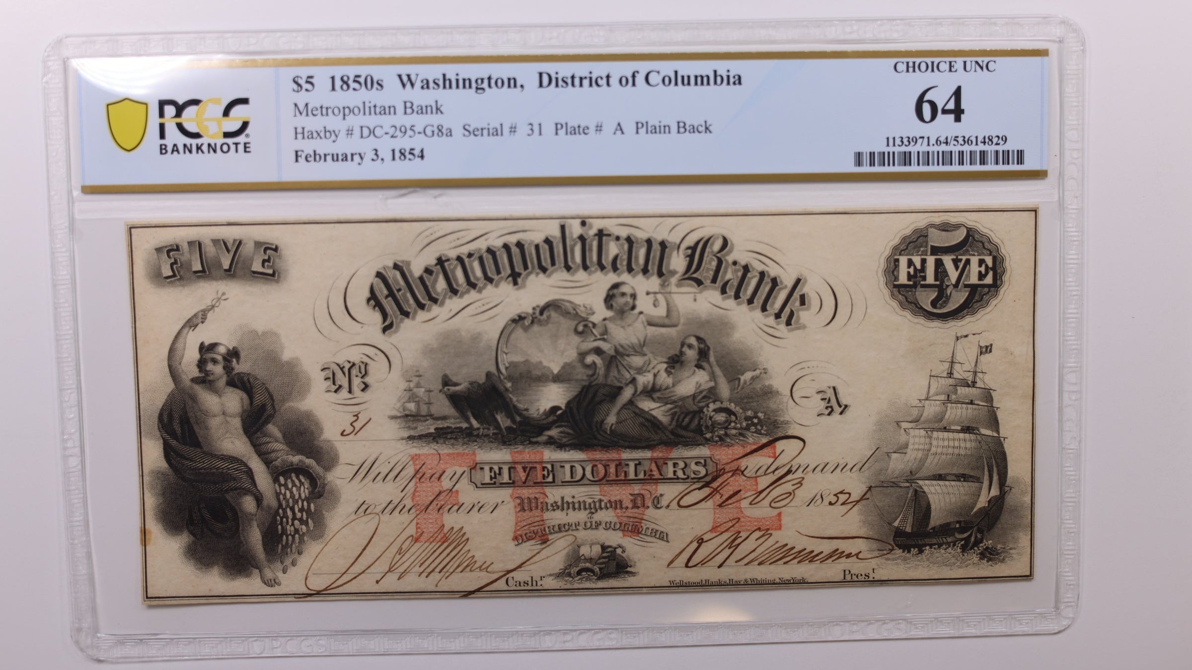 1854 $5 Washington D.C. Obsolete Currency, PCGS CU-64, STORE #GDC052.