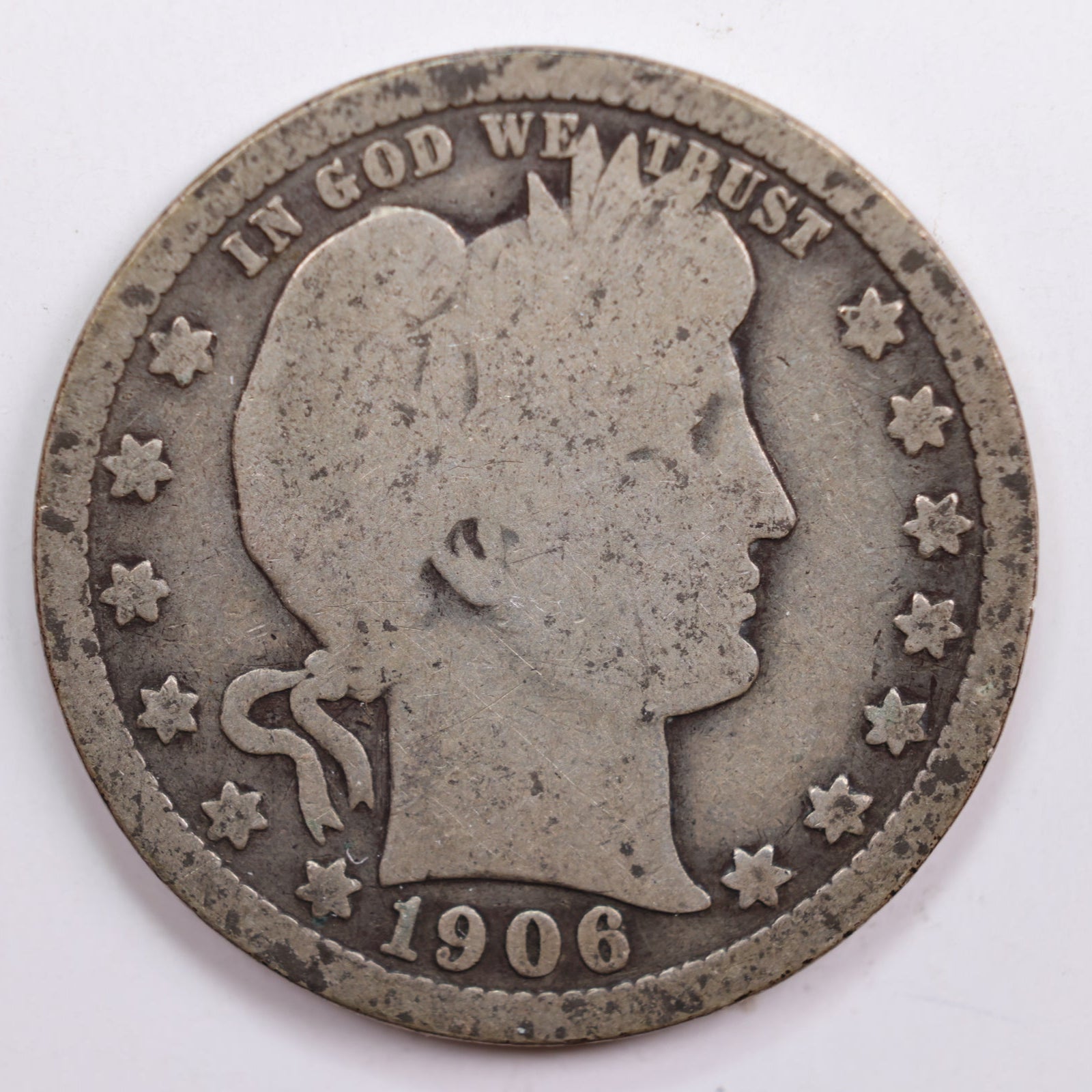 1906 Barber Silver Quarter, Good Circulated Collectible Coin, Store #QR703