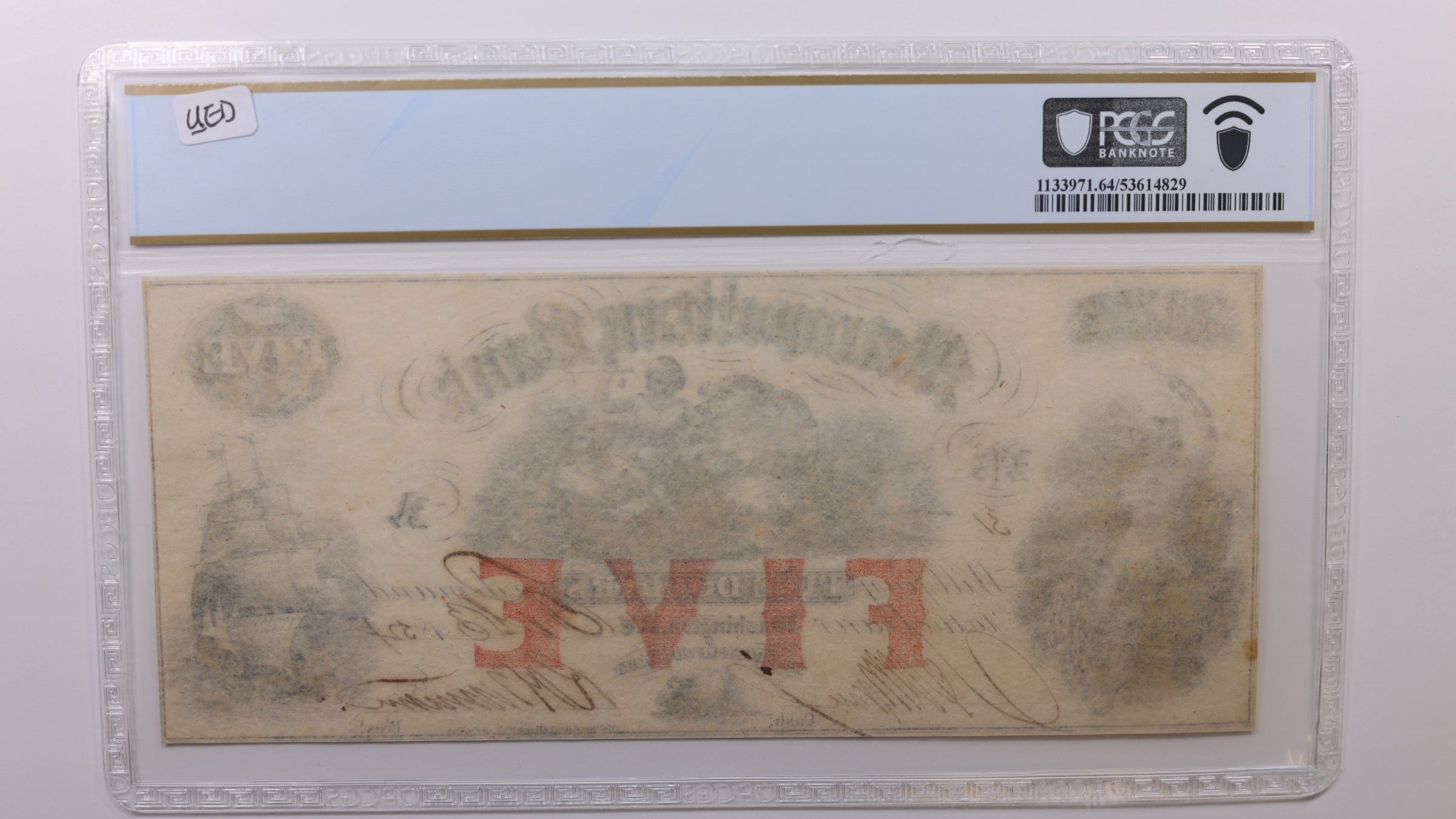 1854 $5 Washington D.C. Obsolete Currency, PCGS CU-64, STORE #GDC052.