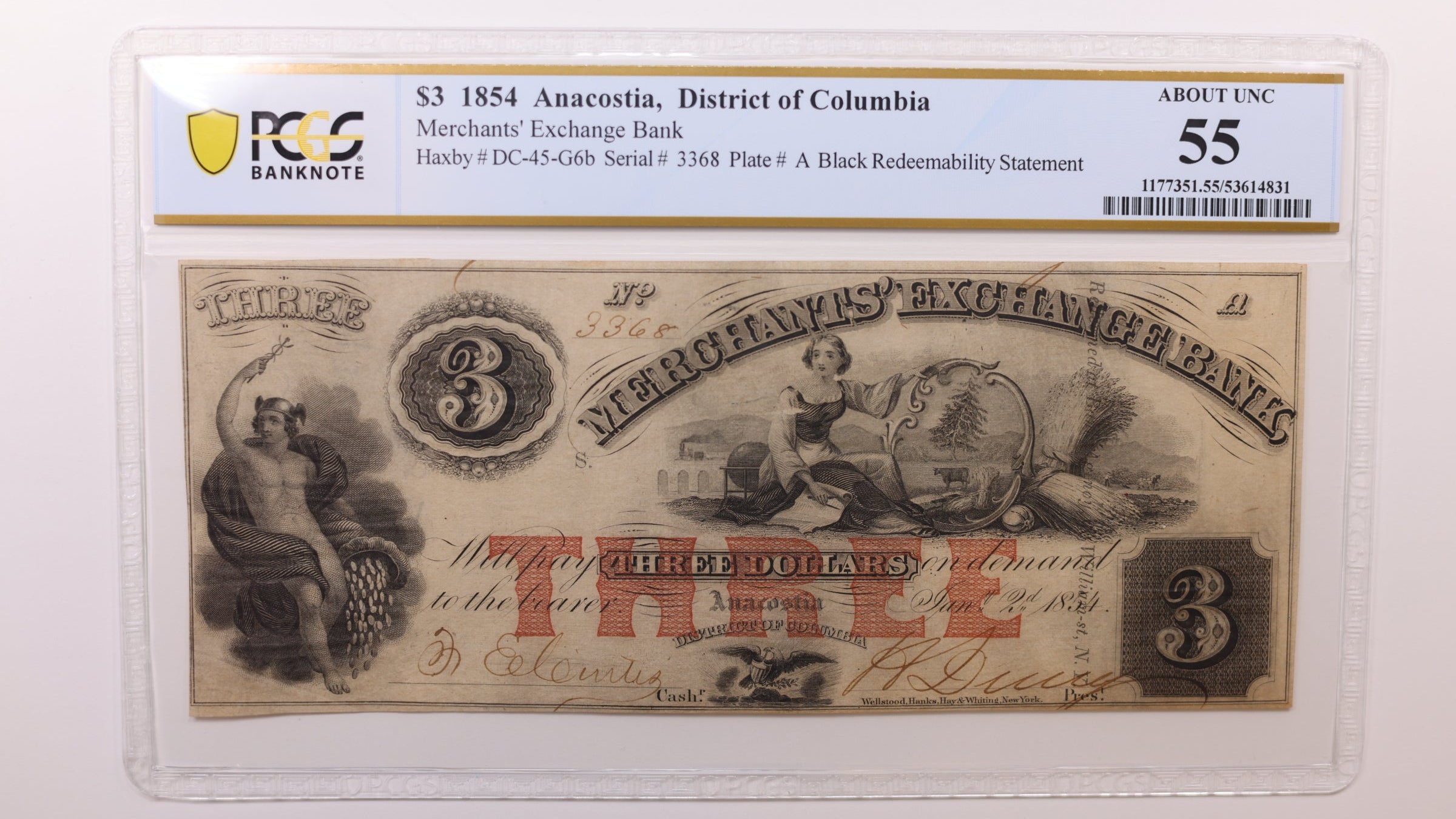 1854 $3 Anacostia, D.C. Obsolete Currency, PCGS AU-55, STORE #GDC054.