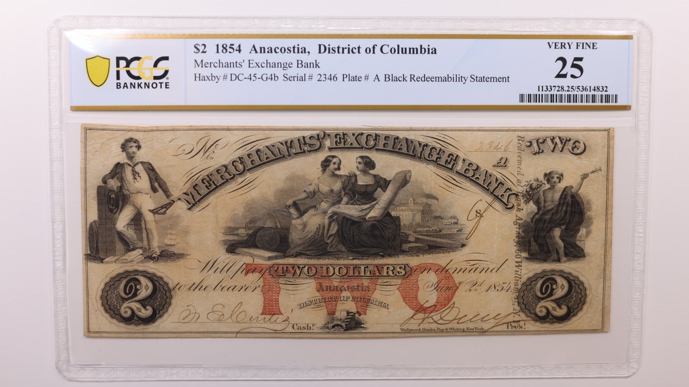 1854 $2 Anacostia, D.C. Obsolete Currency, PCGS VF25, STORE #GDC055.