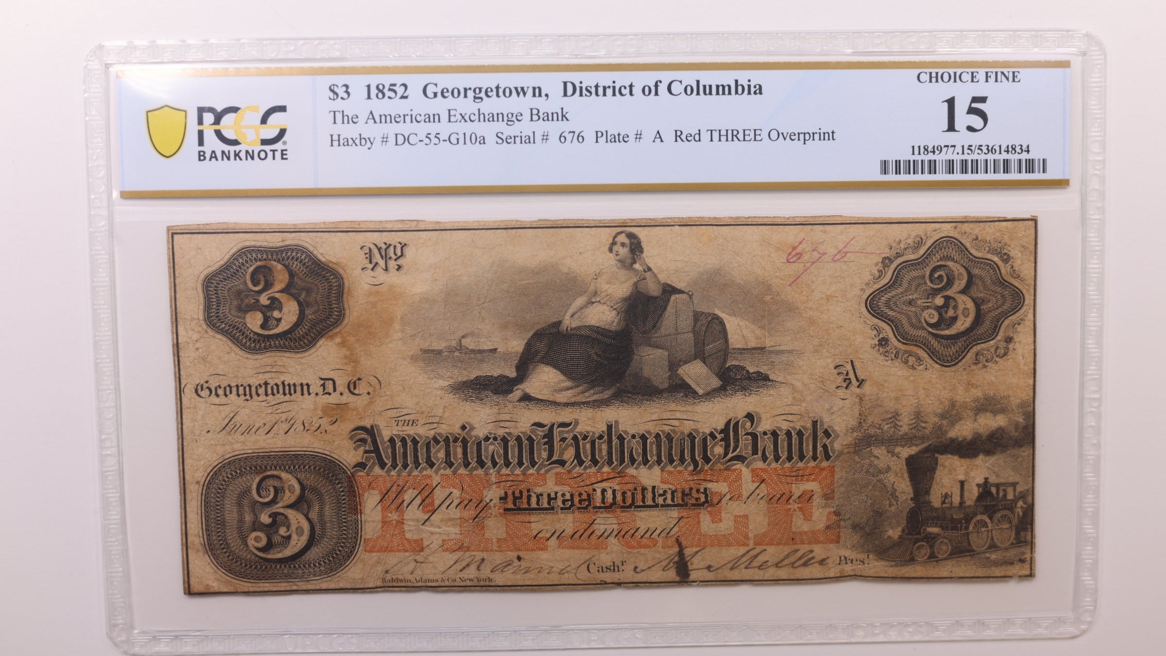 1852 $3 Georgetown, D.C. Obsolete Currency, PCGS Fine-15, STORE #GDC057.