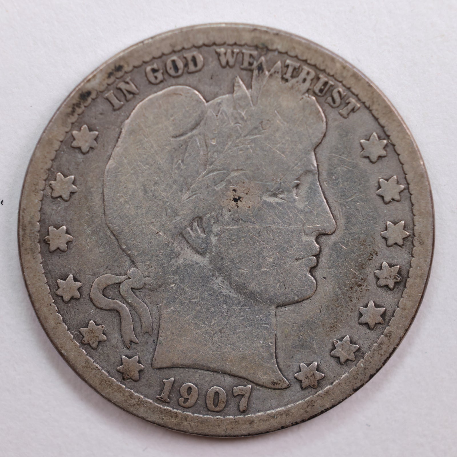 1907-D Barber Silver Quarter, Very Good+ Circulated Coin, Store #QR708