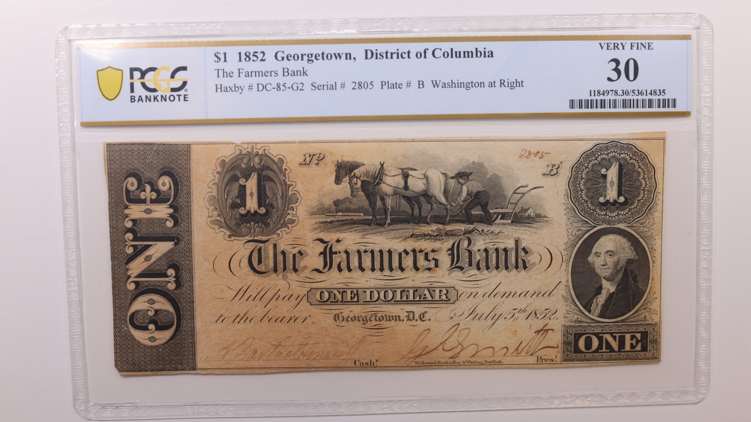 1852 $1 Georgetown, D.C. Obsolete Currency, PCGS VF30, STORE #GDC058.