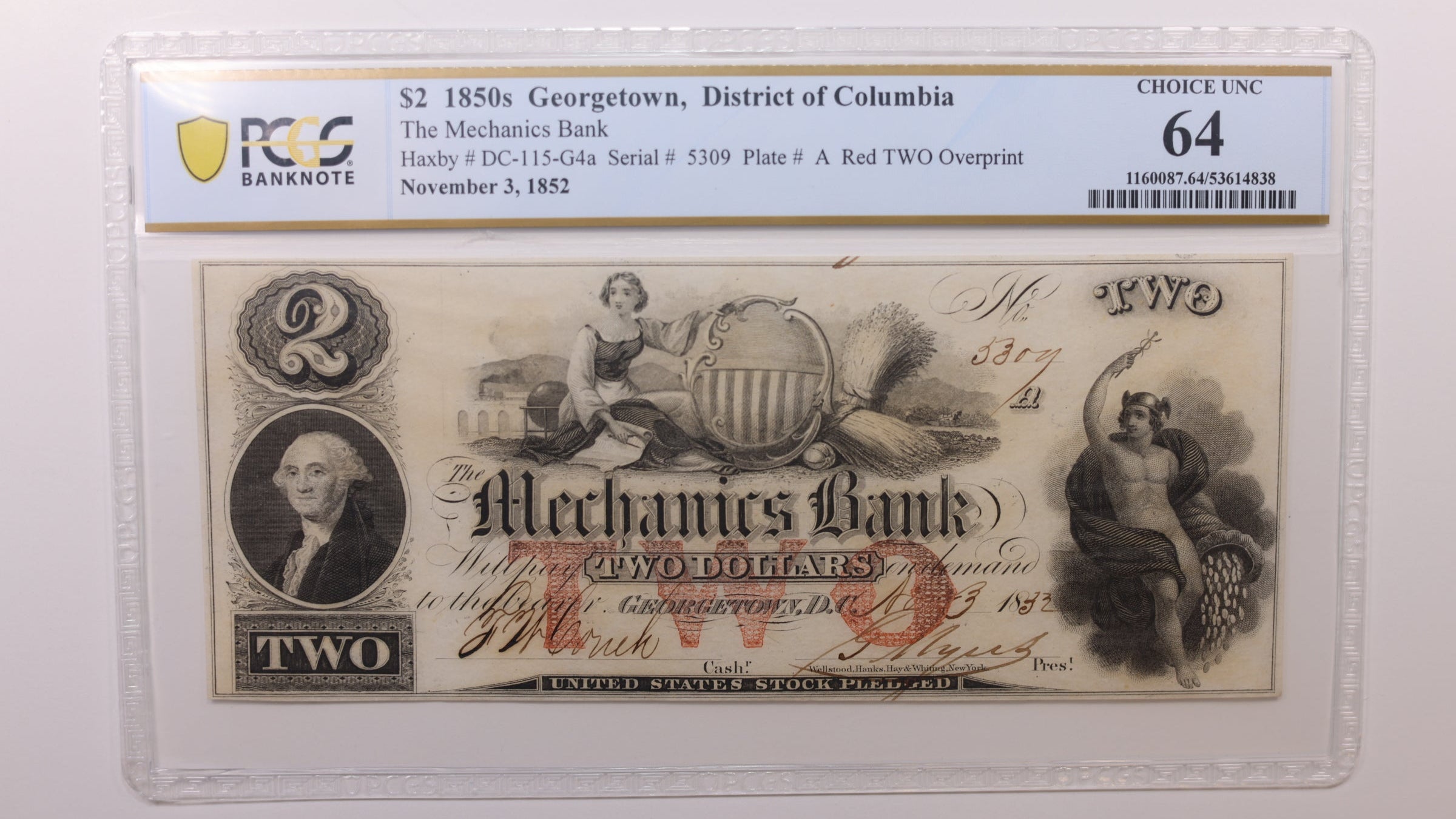 1852 $2 Georgetown, D.C. Obsolete Currency, PCGS CU-64, STORE #GDC061.