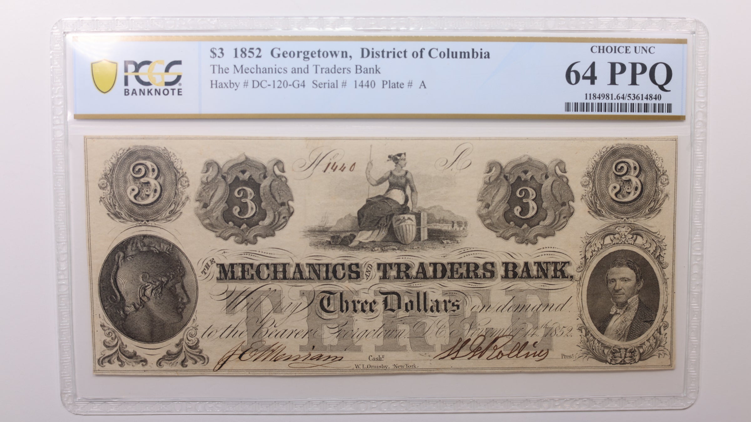 1852 $3 Georgetown, D.C. Obsolete Currency, PCGS CU-64, PPQ, STORE #GDC063.