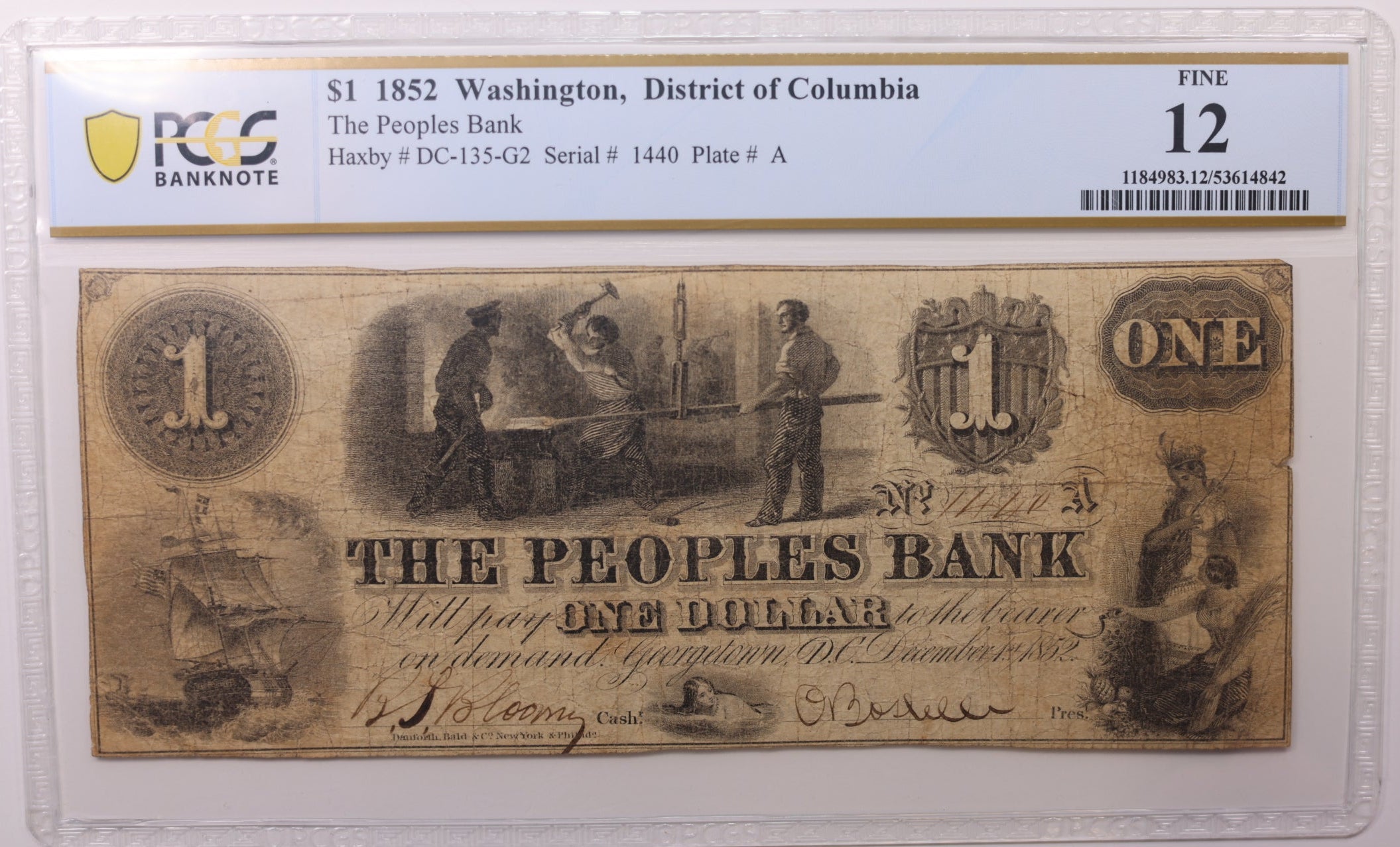 1852 $1 Washington, D.C. Obsolete Currency, PCGS Fine-15, STORE #GDC065.