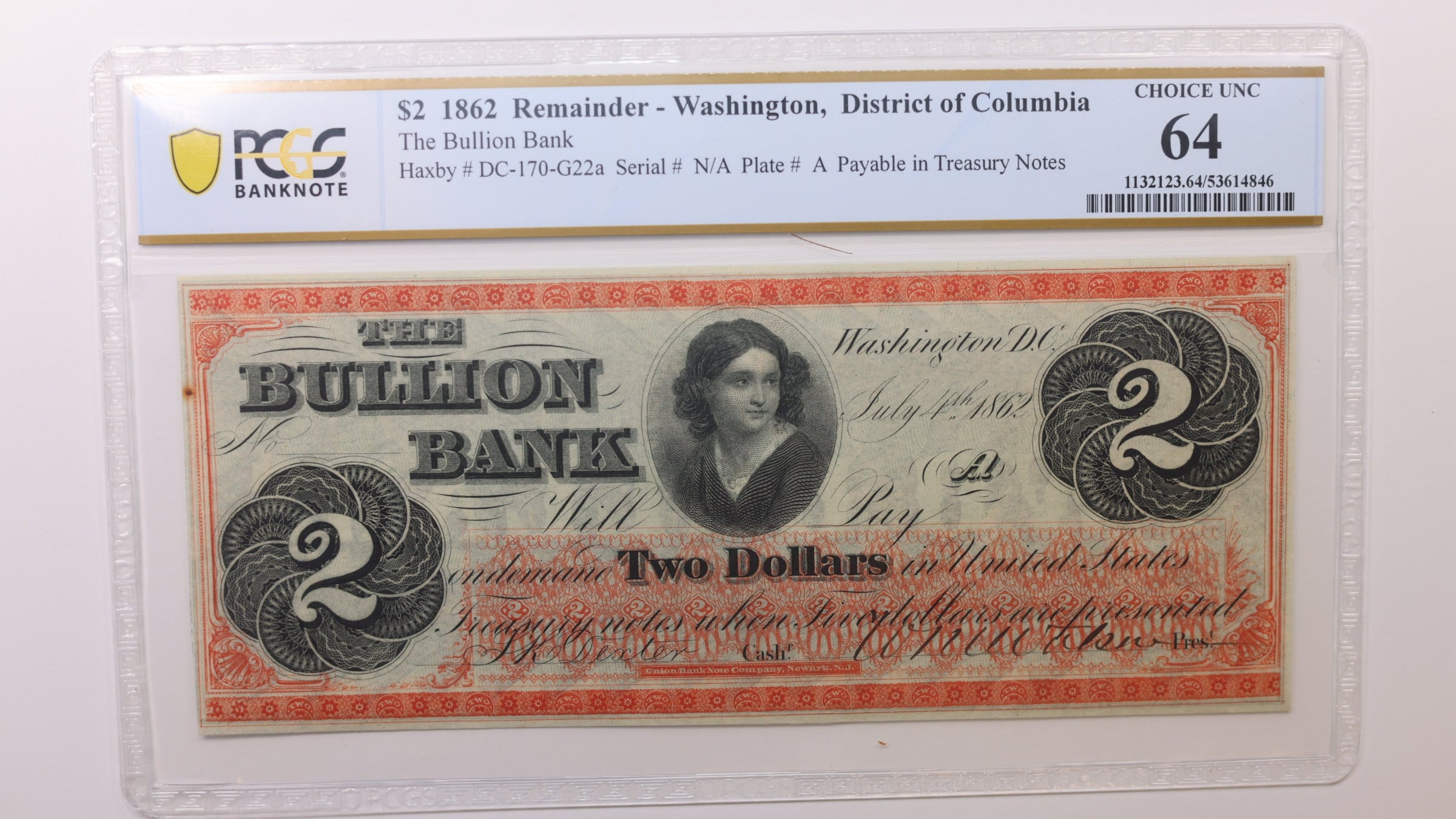 1862 $2, Washington, D.C. Remainder-Obsolete , PCGS CU64, STORE #GDC069.
