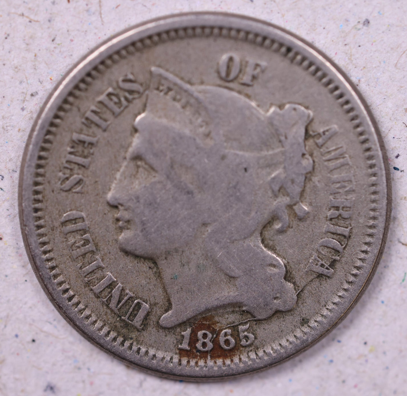 1865 3 Cent Copper Nickel., Very Good Circulated Coin., Store#1002