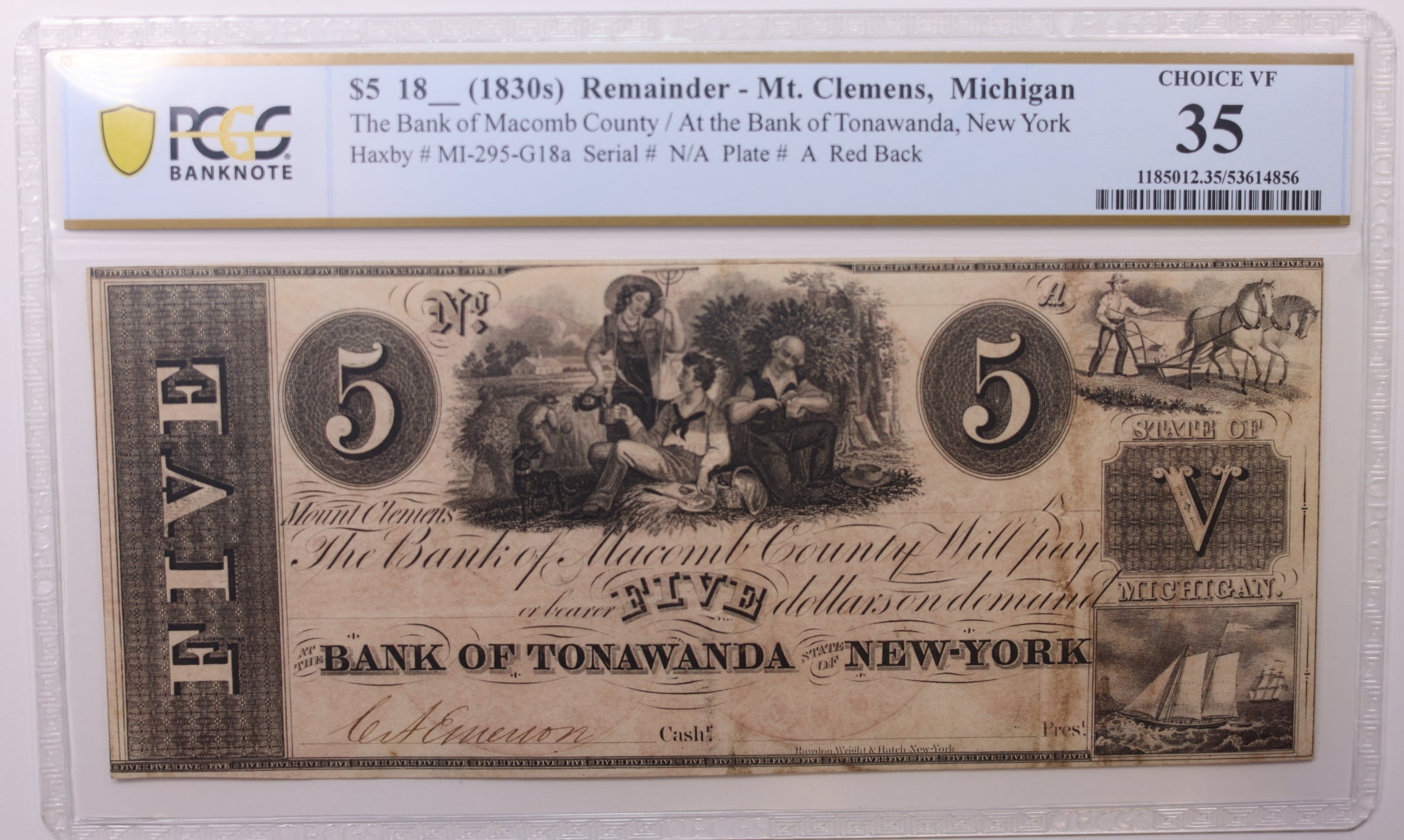 18__ $5, Remainder, Mt. Clemens, MI, Obsolete Currency, PCGS VF35, Store #GMI0143.