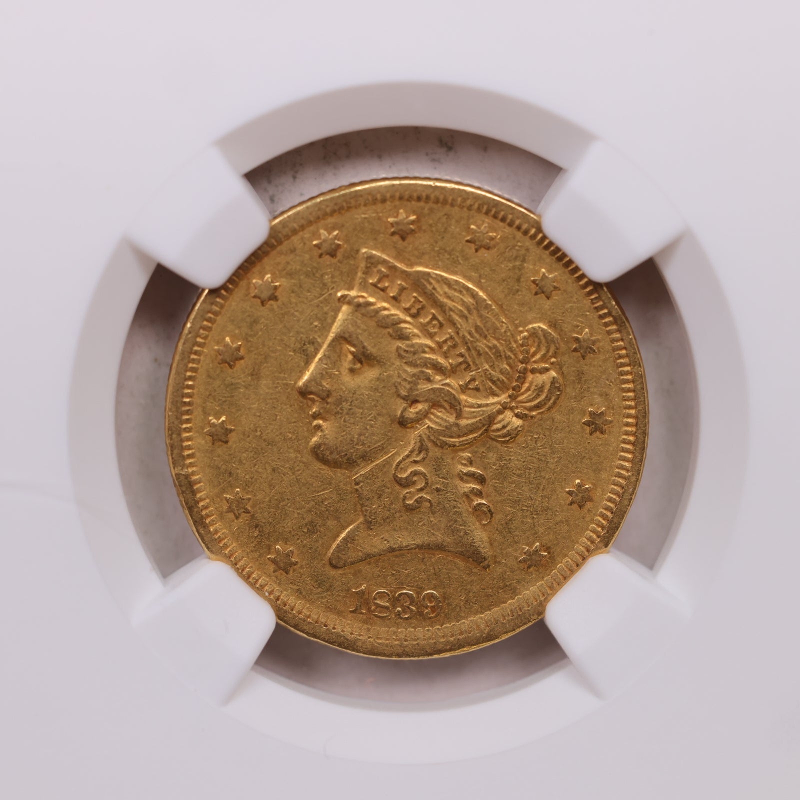 1839 $5, Gold Half Eagle, Circulated Coin, NGC AU-53, Store Sale #G0148.
