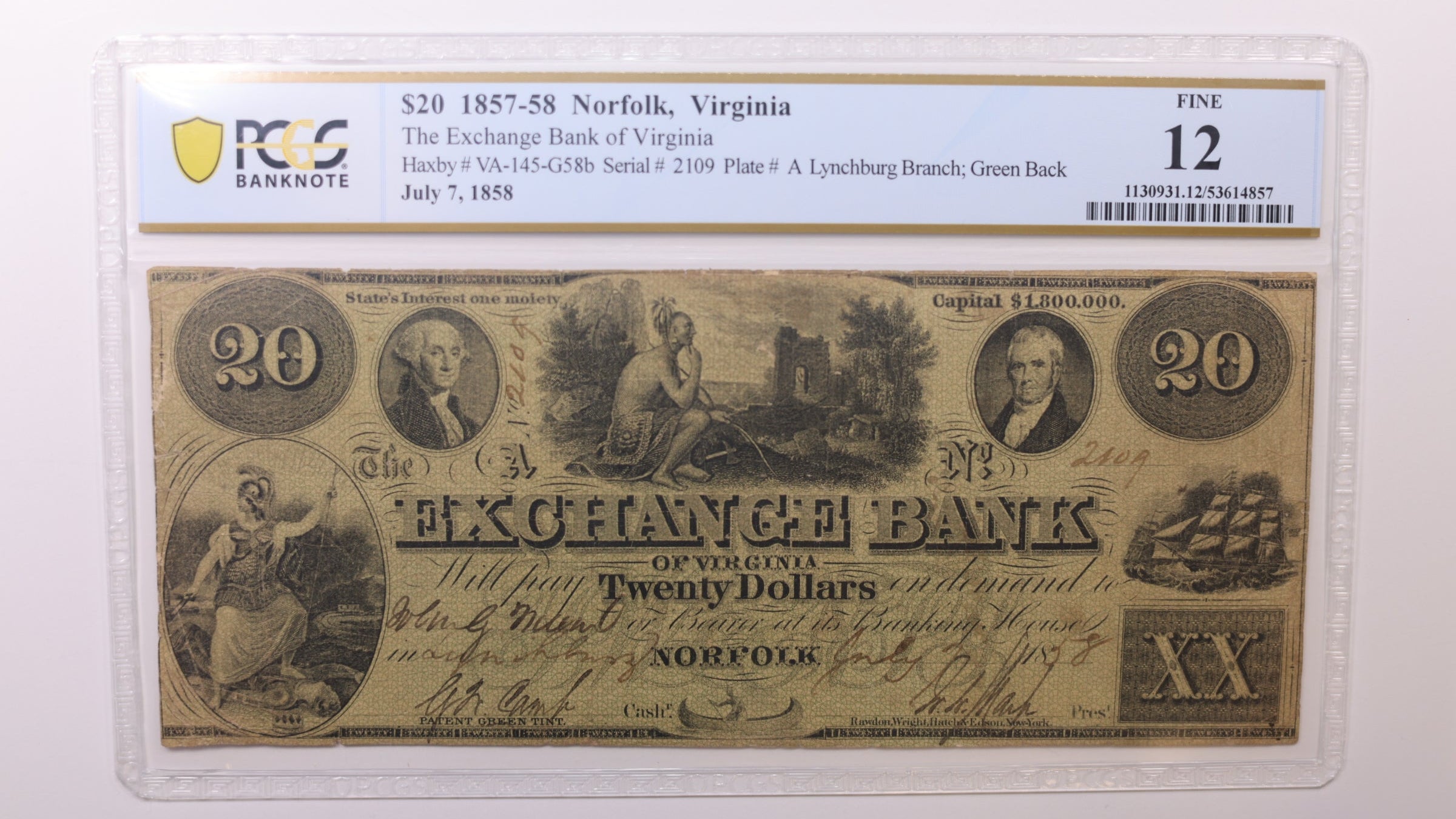 1858 $20, Norfolk Virginia, Obsolete Currency, PCGS Fine-12, Store #GVA026.