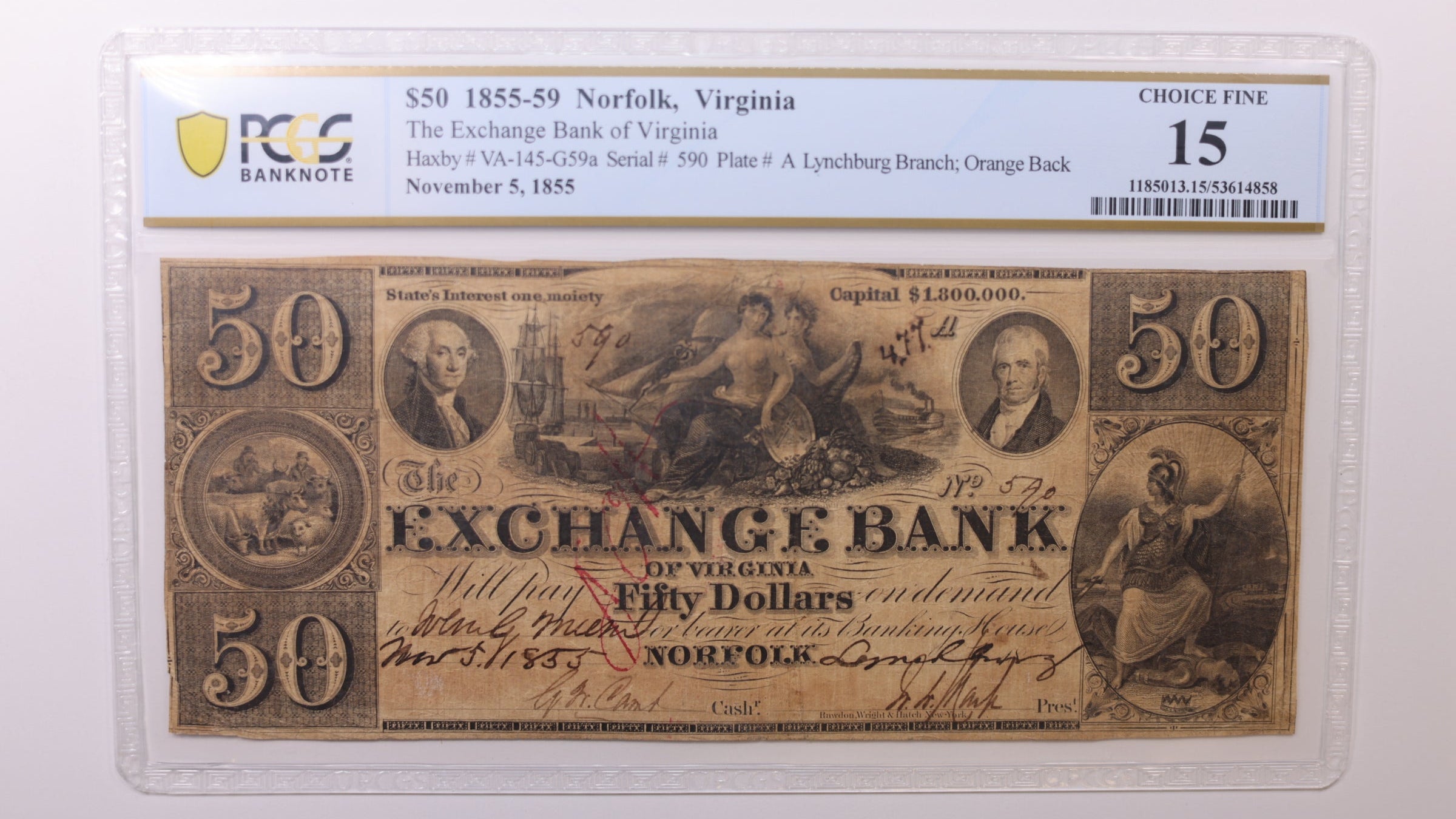 1858 $50, Norfolk Virginia, Obsolete Currency, PCGS Fine-15, Store #GVA027.