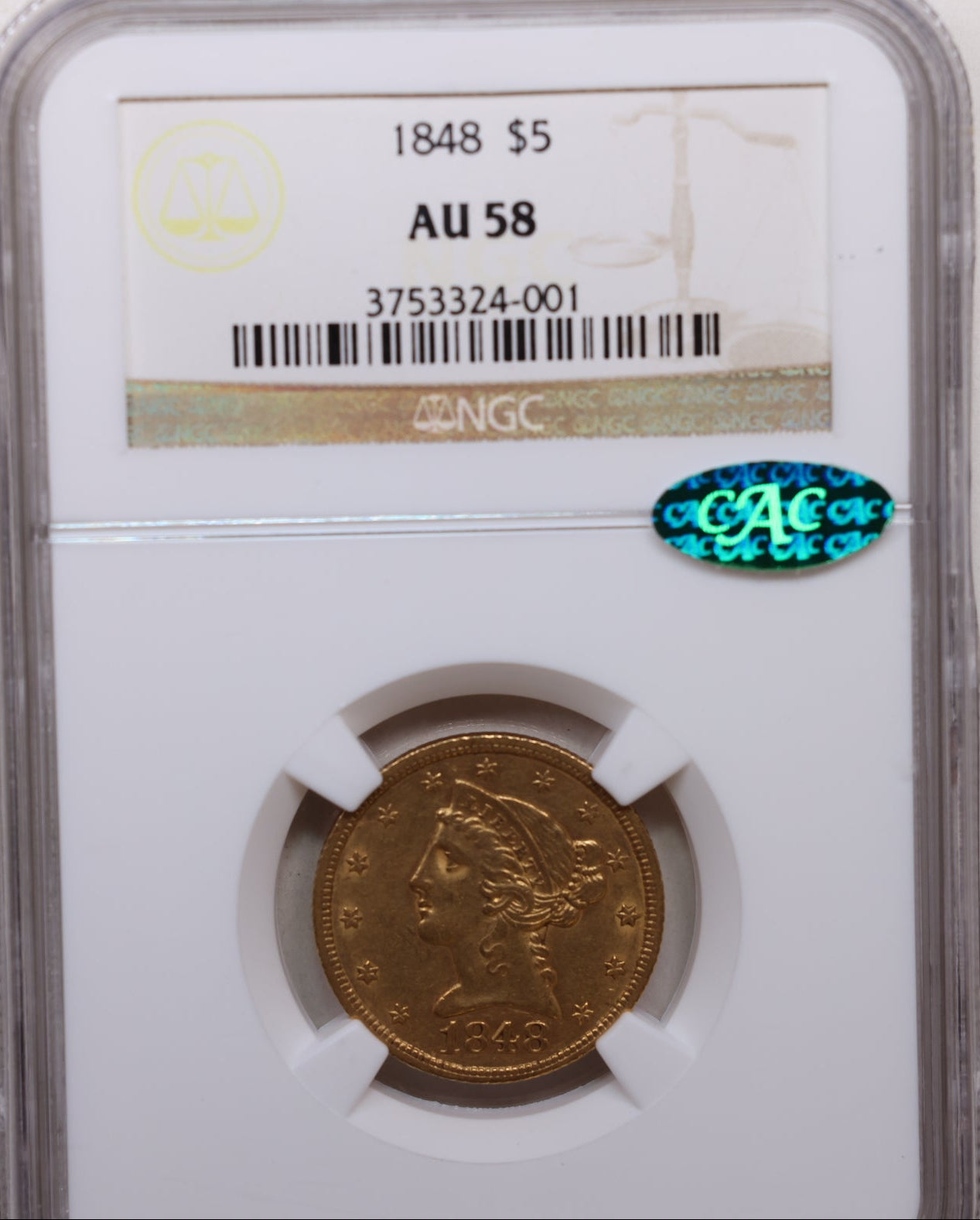 1848 $5, Gold Half Eagle, Nice Eye Appeal, NGC AU-58, CAC, Store Sale #G0151.
