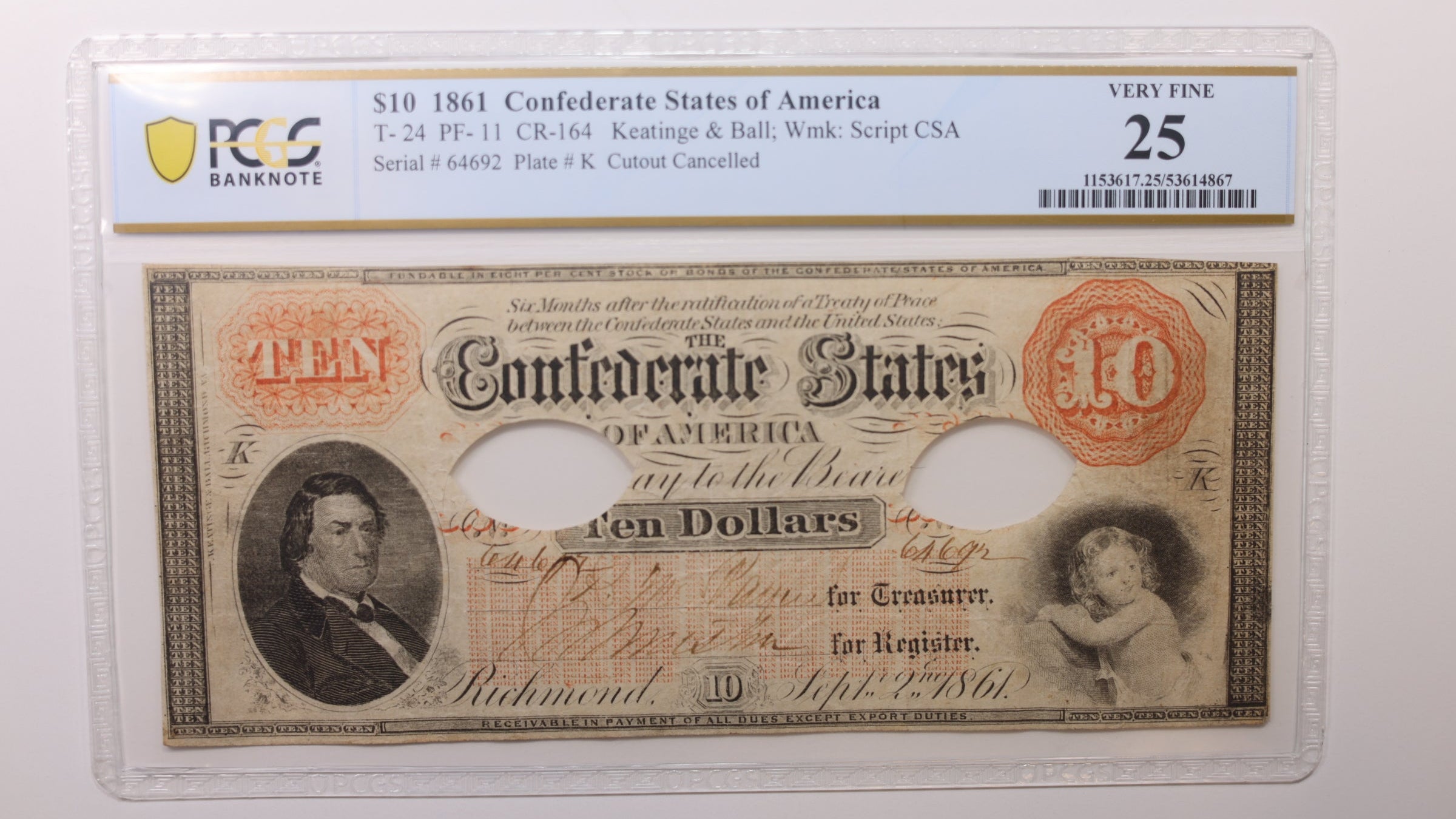 1861 $10, Confederate States, T24, Obsolete Currency, PCGS VF25, Store #GCSA006.