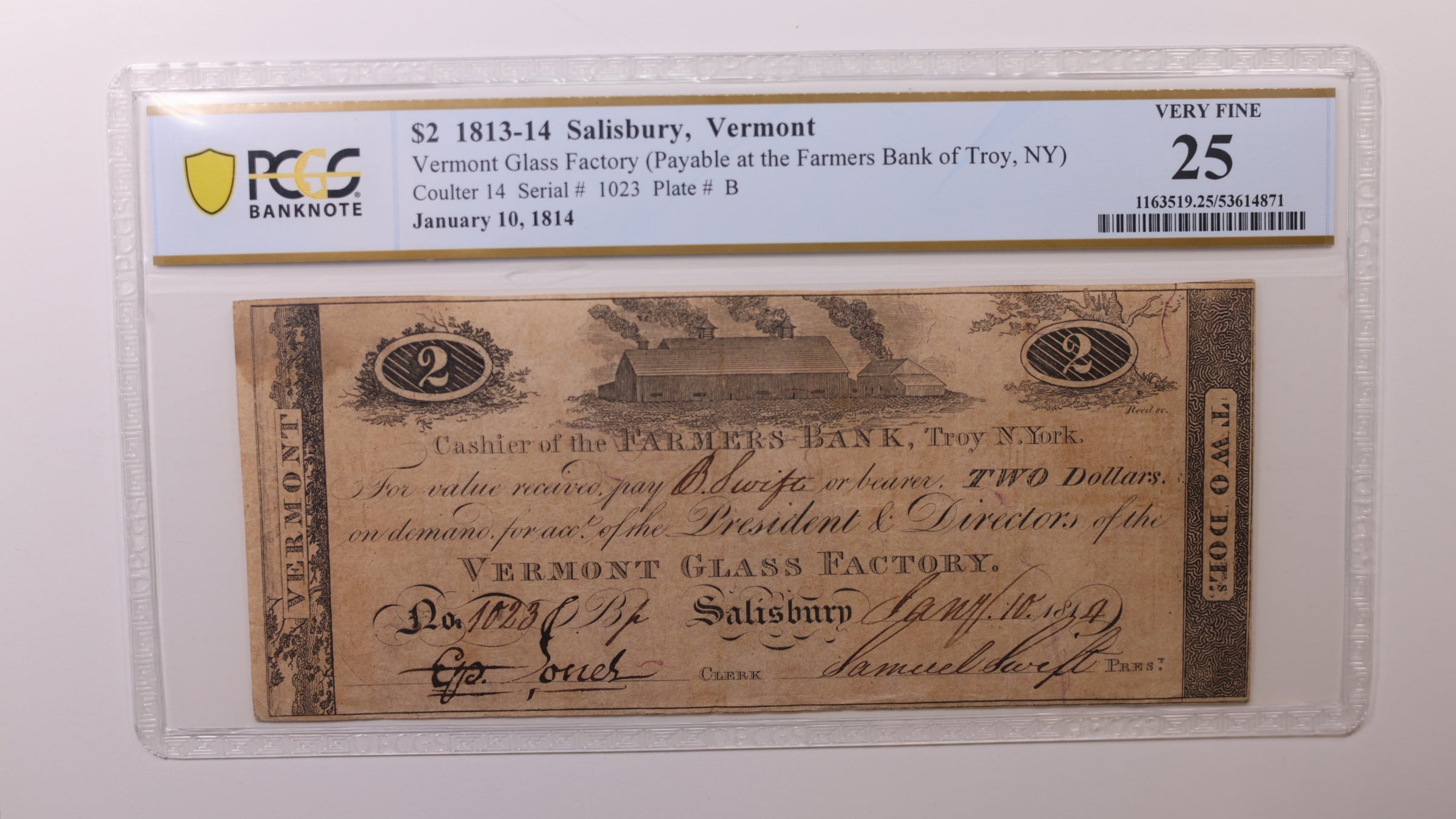 1814 $2, Vermont Glass Factory, Obsolete Currency, PCGS VF25, Store #GVT008.