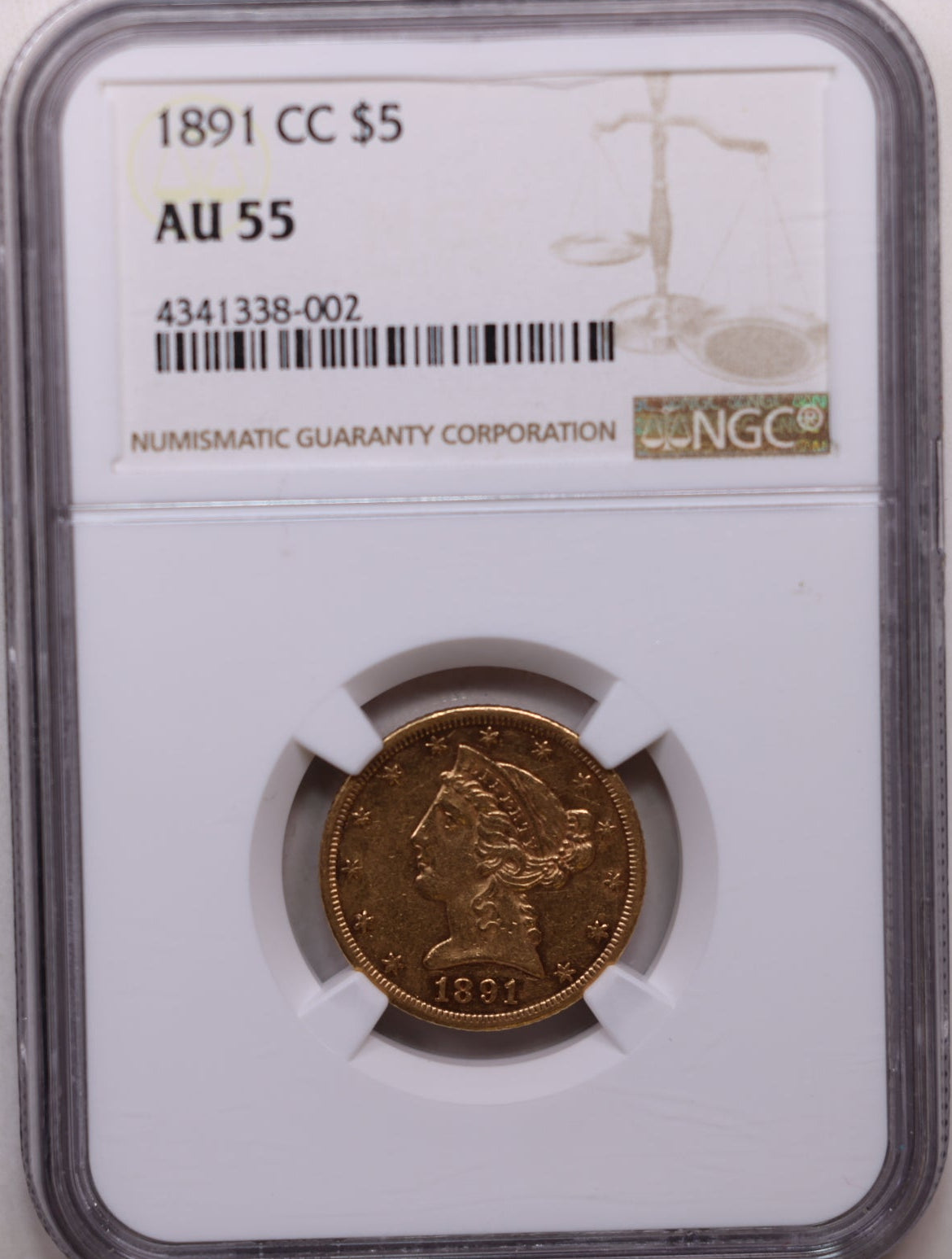 1891-CC $5, Gold Half Eagle, "Carson City", Circulated, NGC AU-55, Store Sale #G0155.