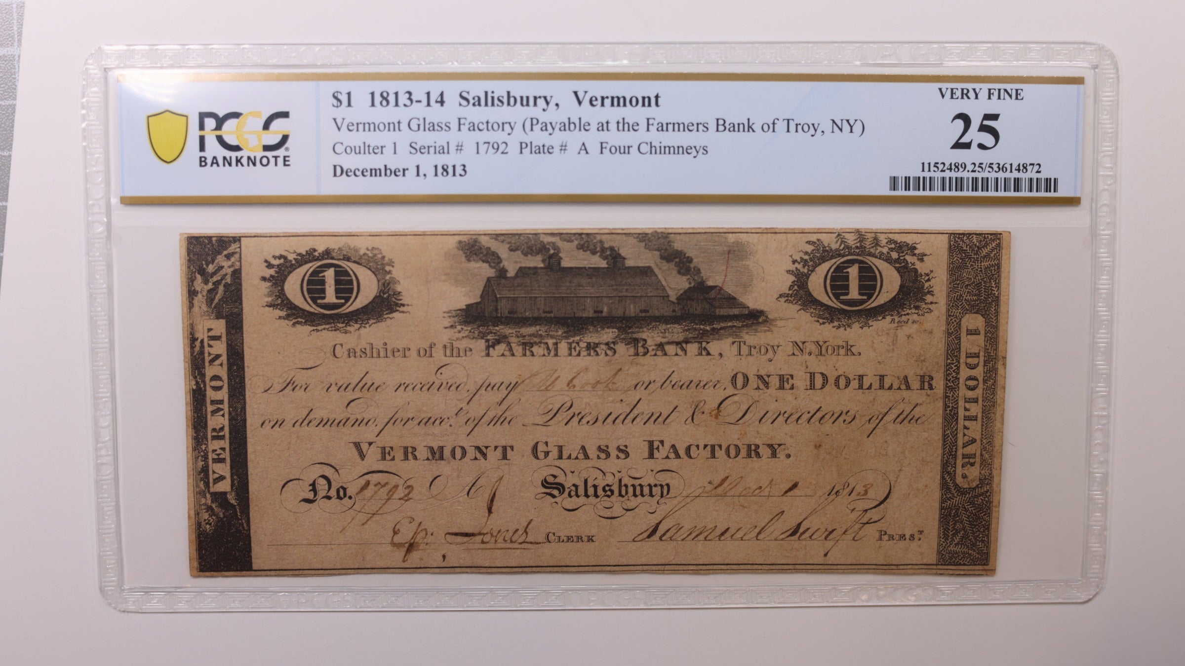 1813 $1, Vermont Glass Factory, Obsolete Currency, PCGS VF25, Store #GVT009.