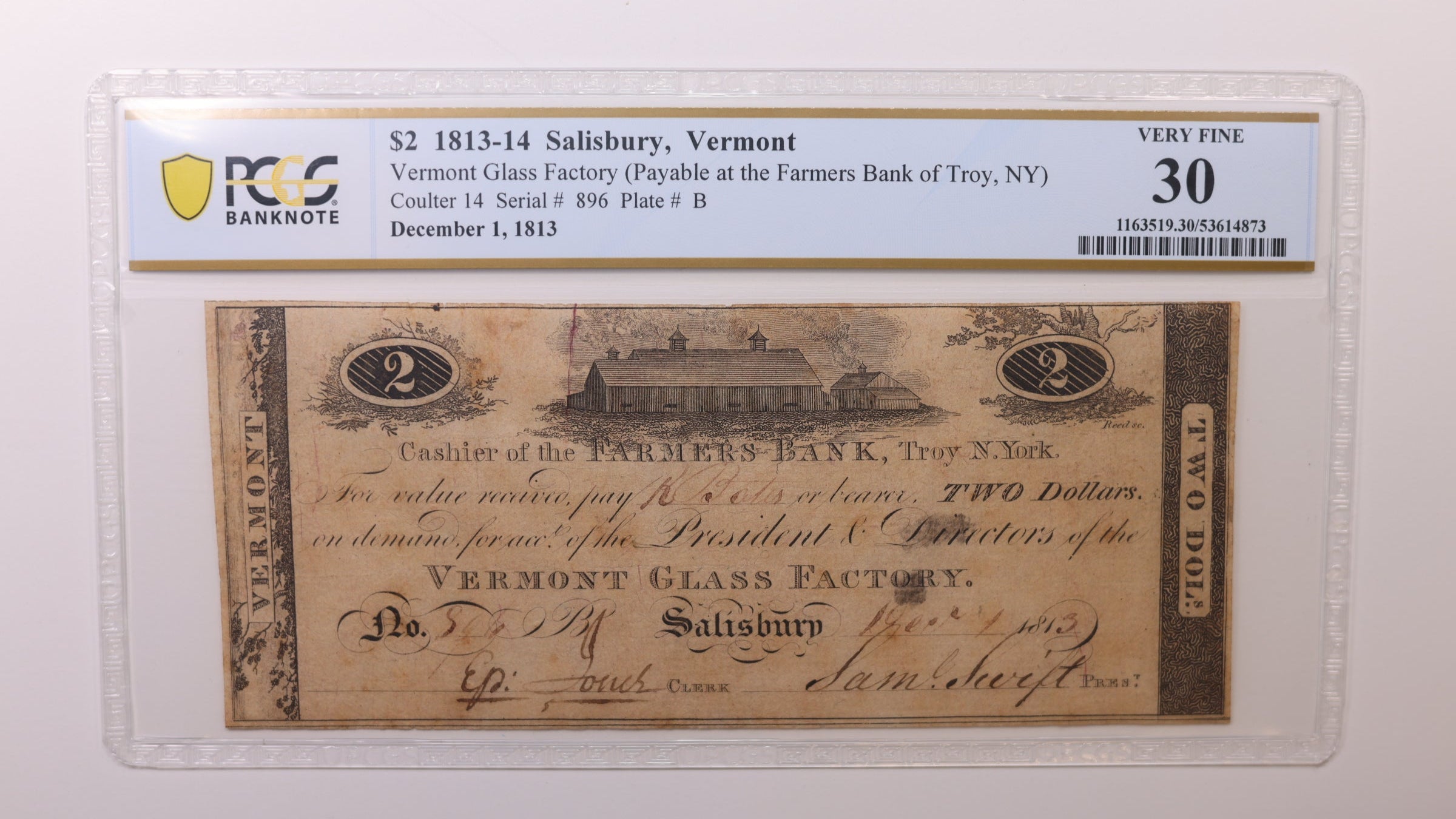 1813 $2, Vermont Glass Factory, Obsolete Currency, PCGS VF30, Store #GVT010.