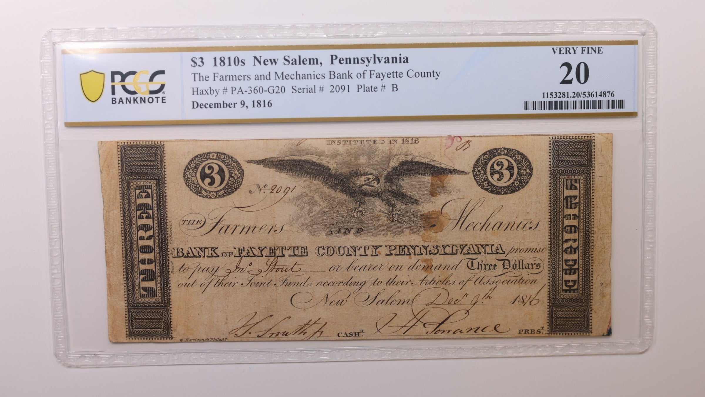 1816 $3, New Salem, Pennsylvania, Obsolete Currency, PCGS VF20, #GPA005.