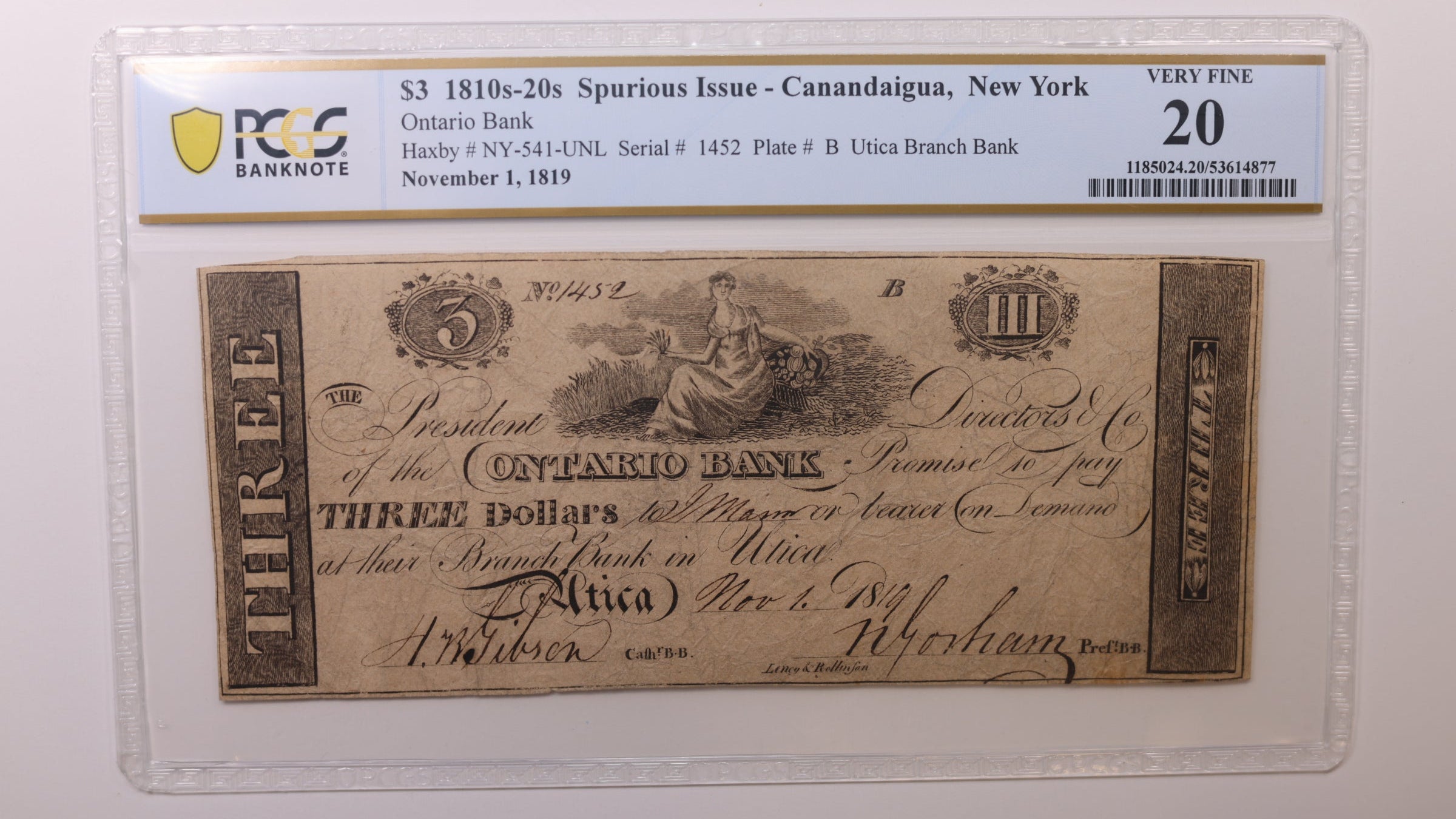 1819 $3, Spurious Issue, Canandaigua, N.Y., PCGS VF20, Obsolete Note. Store #GNY020.