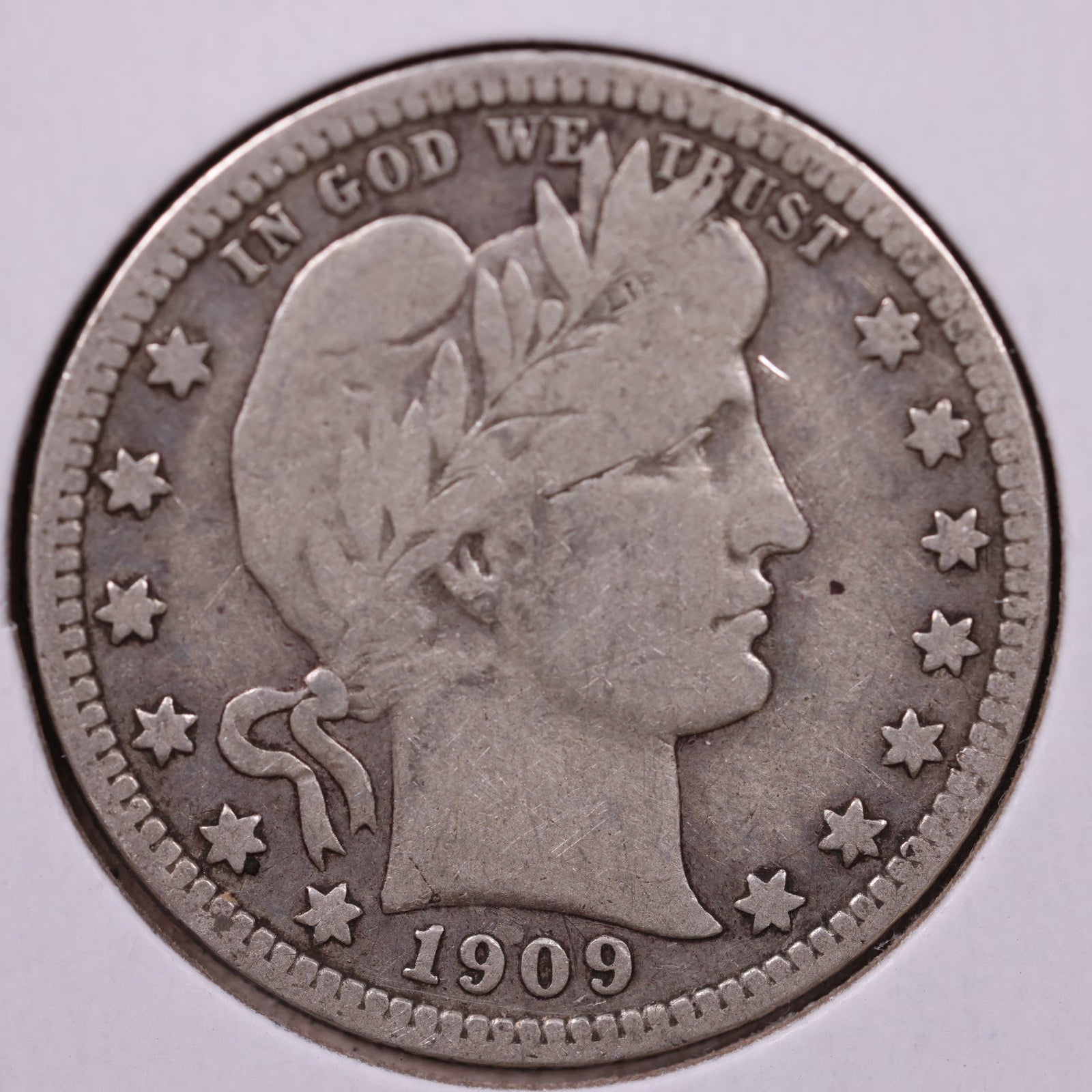 1909 Barber Silver Quarter, Fine Circulated Collectible Coin, Store #1026